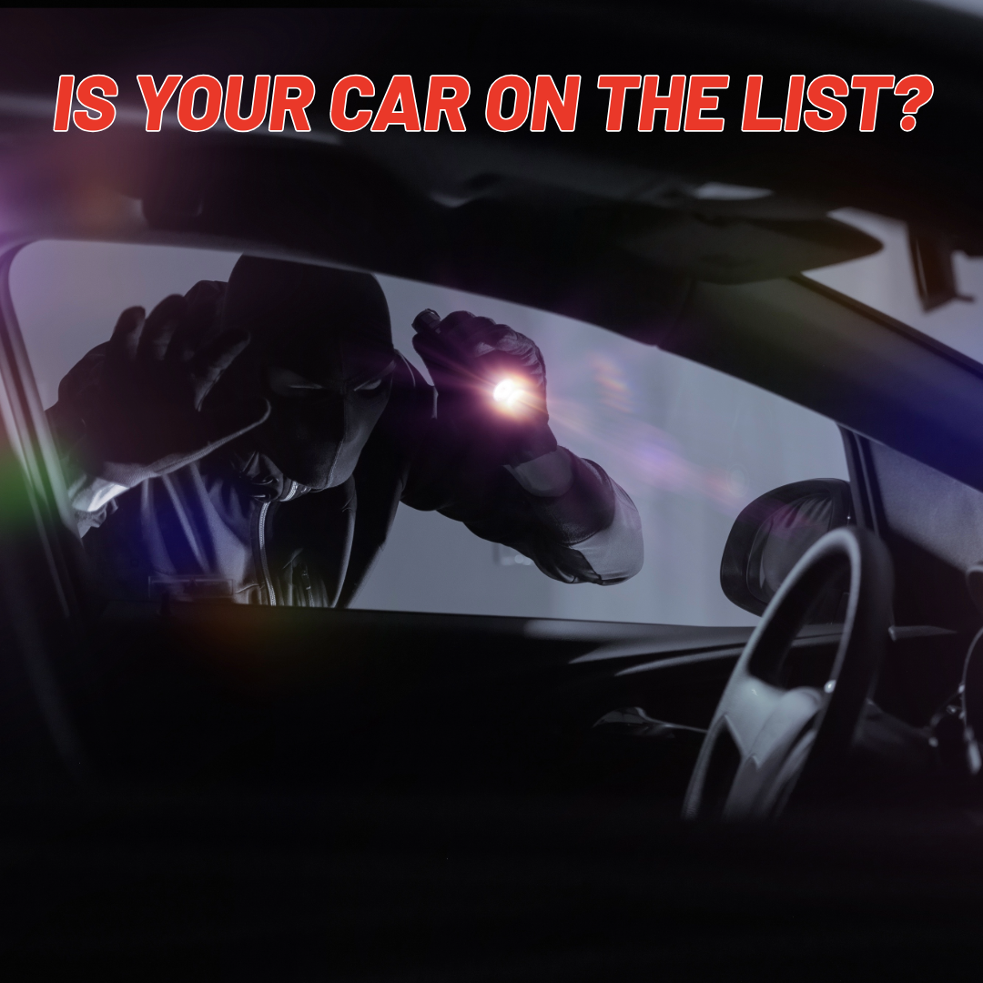 Suspect wearing a mask with a flashlight, looking into a vehicle window with text that reads "Is your car on the list?"
