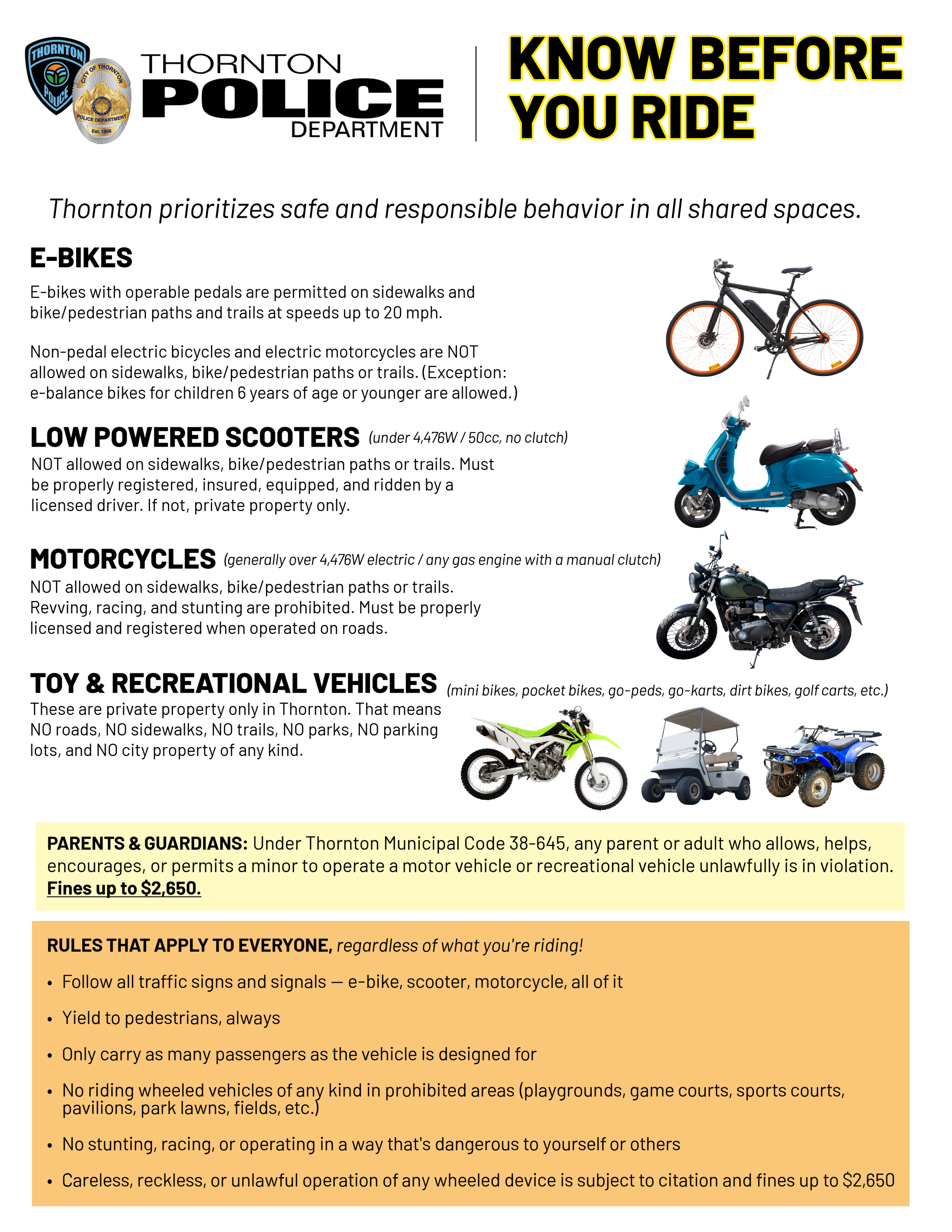 Know Before You Ride flyer with photos and ordinance information