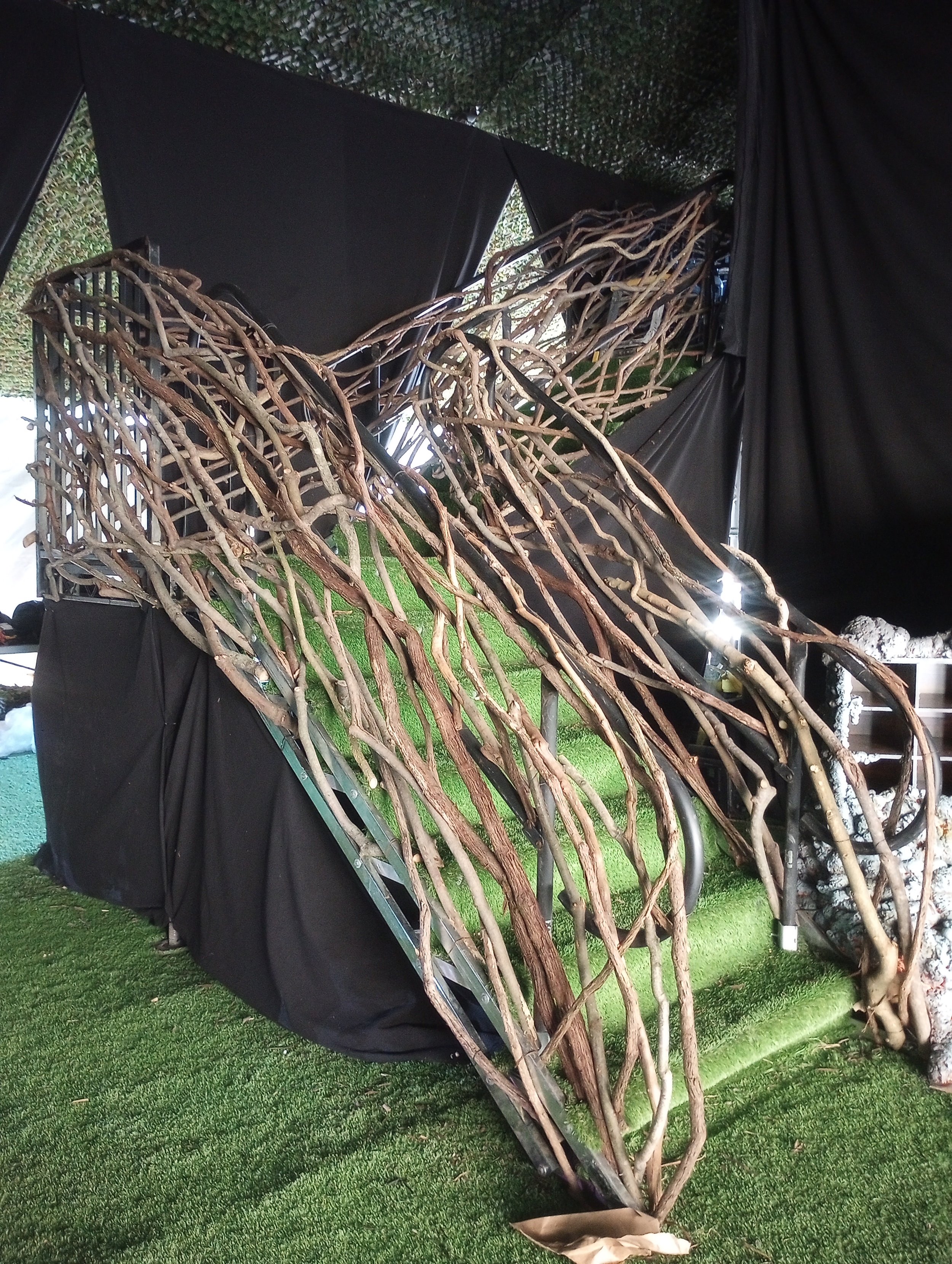 Woven grapevine railing WIP for Lost Lands music festival / September 2023 / Thornville, OH