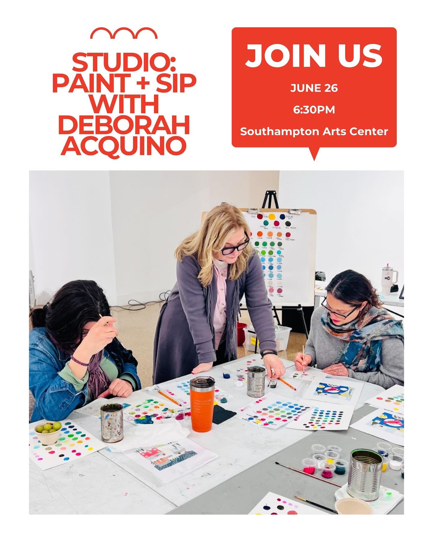 Next week! 🎨🍷 STUDIO: Paint + Sip with Deborah Acquino takes place Thursday, June 26 at 6:30 PM.

Enhance your creativity through color mixing and create a cohesive palette to elevate your artwork. This hands-on workshop is great for both beginners