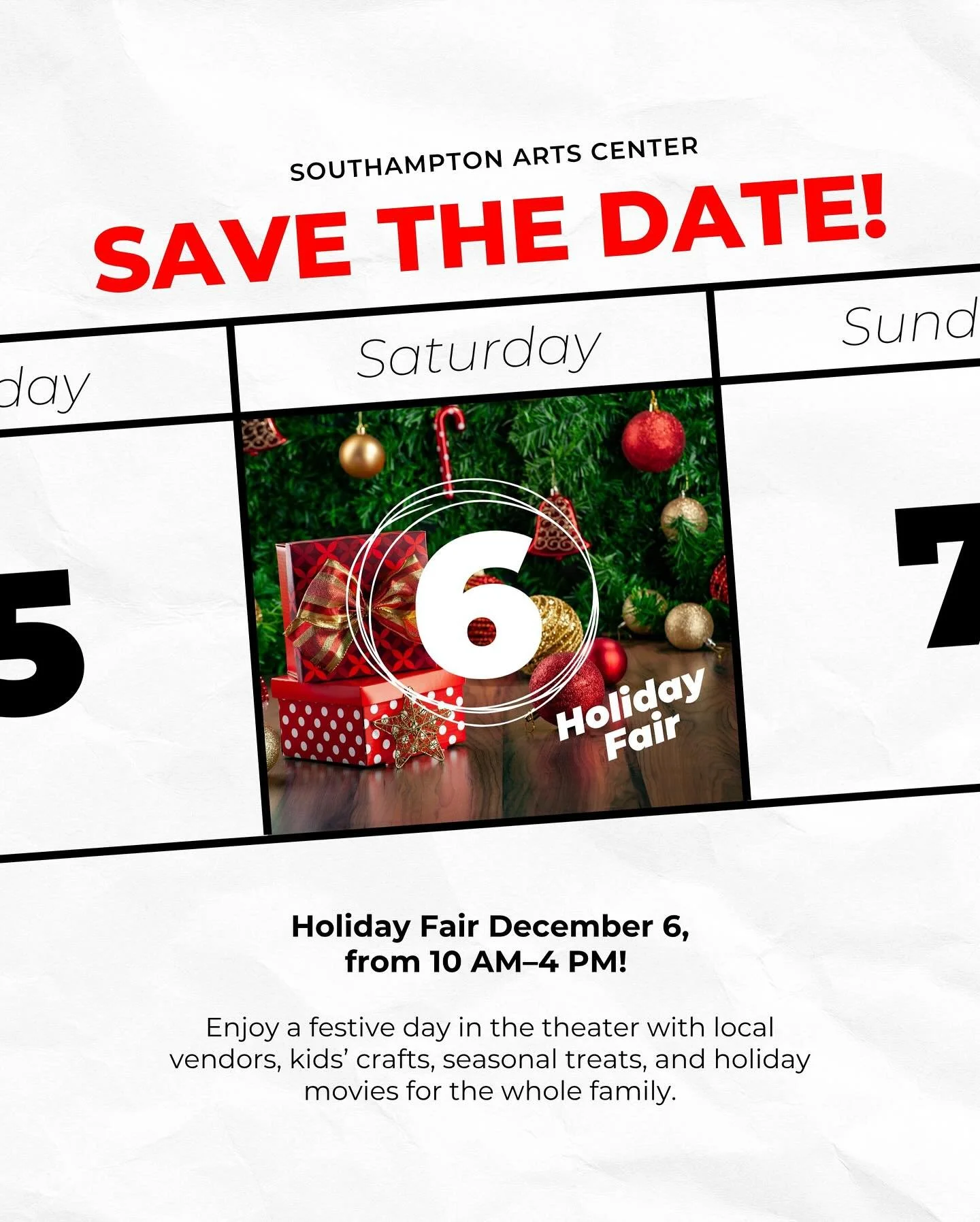 Our Holiday Fair is back on Saturday, December 6, from 10 AM–4 PM! ππ β¨ 
A festive day of local shopping, creativity, and community awaits—perfect for getting into the holiday spirit.
π¨ Want to be a vendor? Apply now at southamptonar