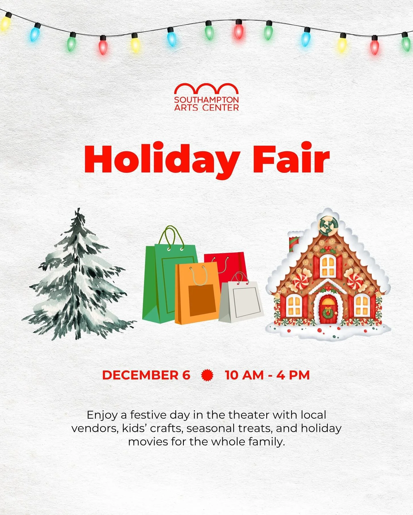 The Holiday Fair returns to Southampton Arts Center on Saturday, December 6 from 10 AM&ndash;4 PM! 🎁 

Enjoy a festive day filled with local vendors, kids&rsquo; crafts, seasonal treats, and classic holiday movies on the big screen. Shop for unique 