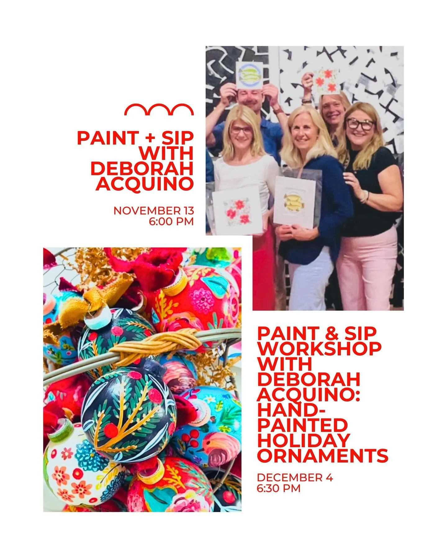 Get creative this season with two Paint &amp; Sip Workshops with Deborah Acquino! 🎨🍷

On November 13 at 6 PM, enjoy an evening of painting, wine, and laughter as Deborah guides you step-by-step to create your own masterpiece &mdash; perfect for beg