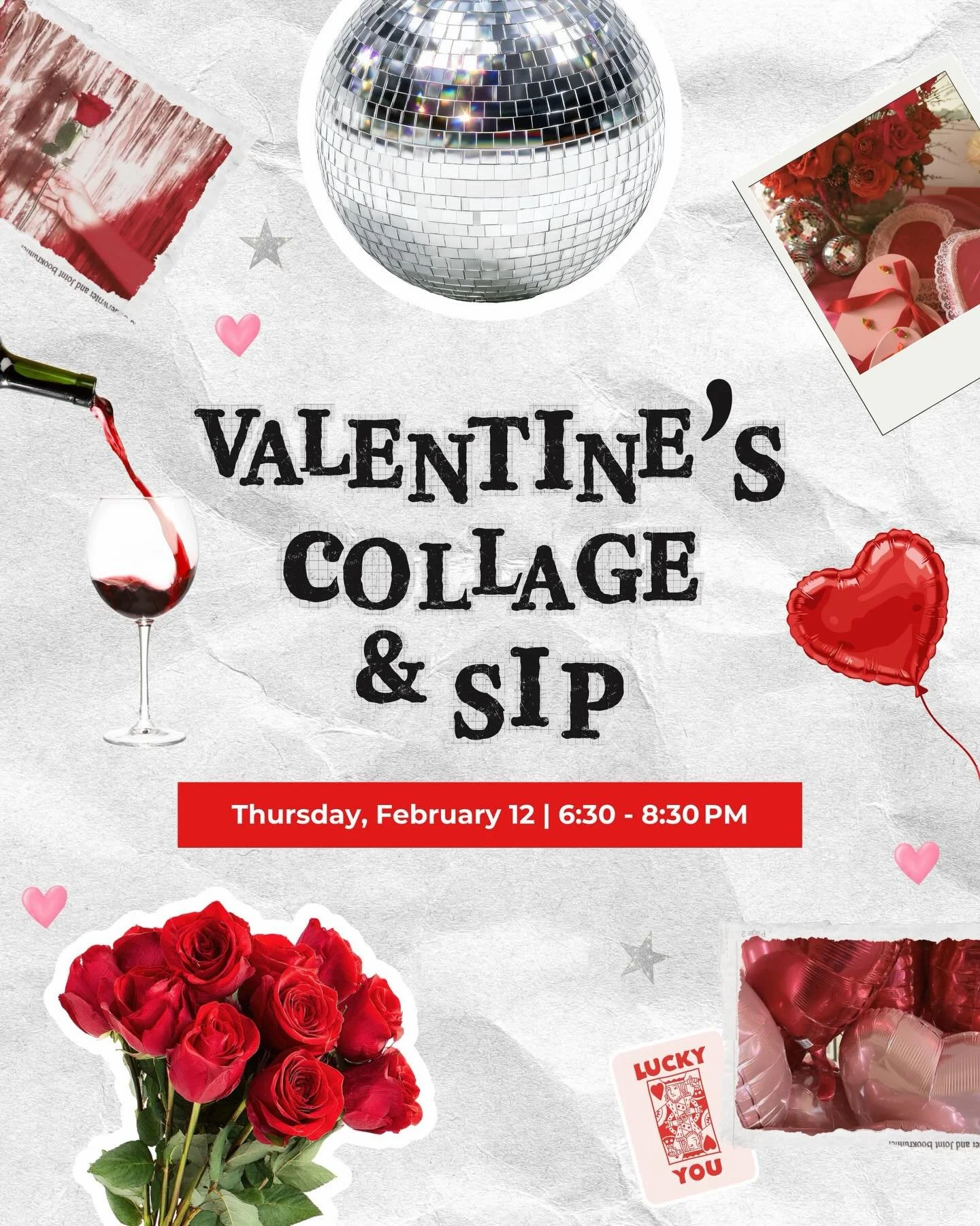 Celebrate Valentine&rsquo;s Day with a creative twist at Valentine&rsquo;s Day Collage + Sip with Deborah Acquino. 💕 🍷

This relaxed, art filled evening is perfect for couples or for grabbing your friends and celebrating Galentine&rsquo;s together.