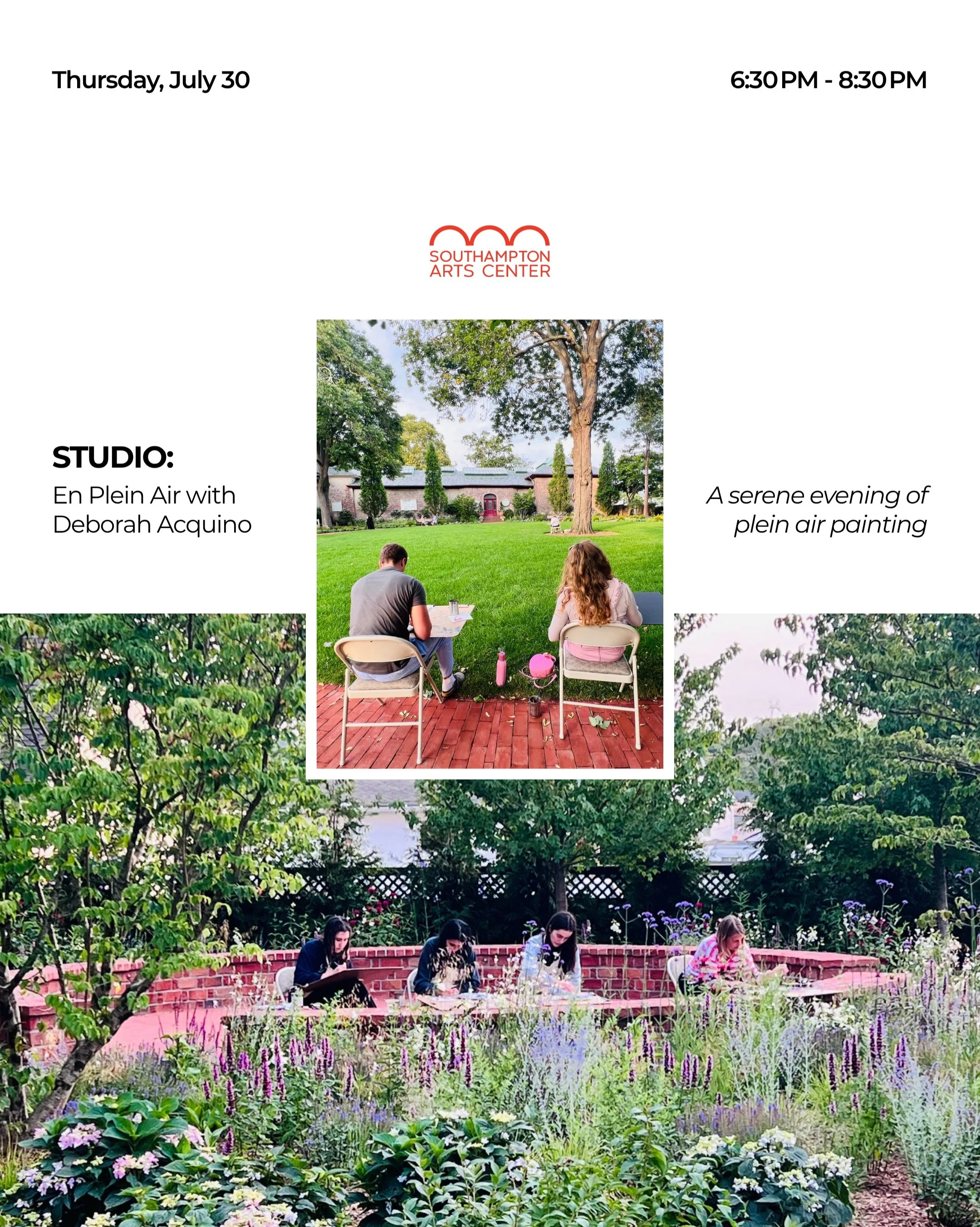 Tomorrow, grab your paintbrush and spend a summer evening creating outdoors at SAC with local artist Deborah Acquino. 🎨🌿

📅 Thursday, July 30
🕡 6:30&ndash;8:30 PM

En Plein Air with Deborah Acquino invites you to find inspiration in our gardens, 