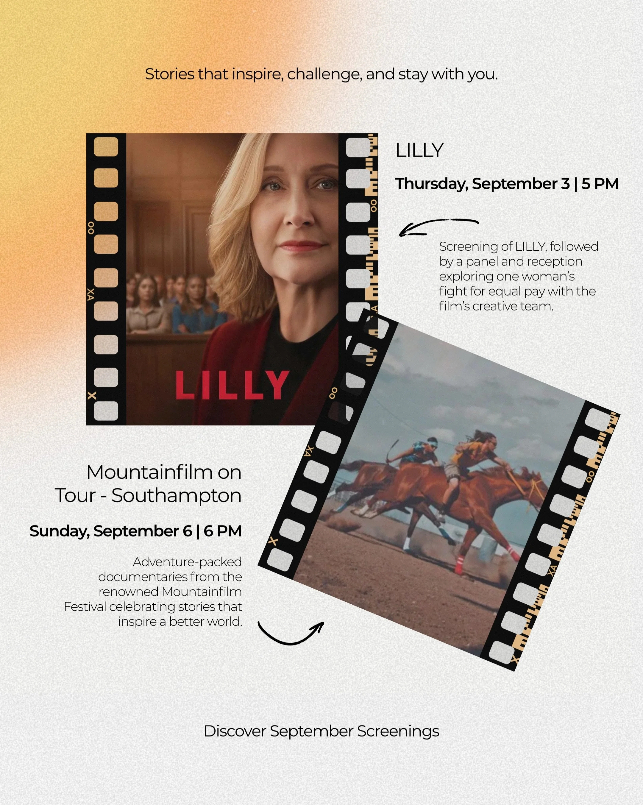 September screenings at Southampton Arts Center bring two powerful films and stories that stay with you.

🎬 LILLY &mdash; Thursday, September 3 at 5 PM
Join us for a screening of LILLY, followed by a panel and reception featuring director Rachel Fel