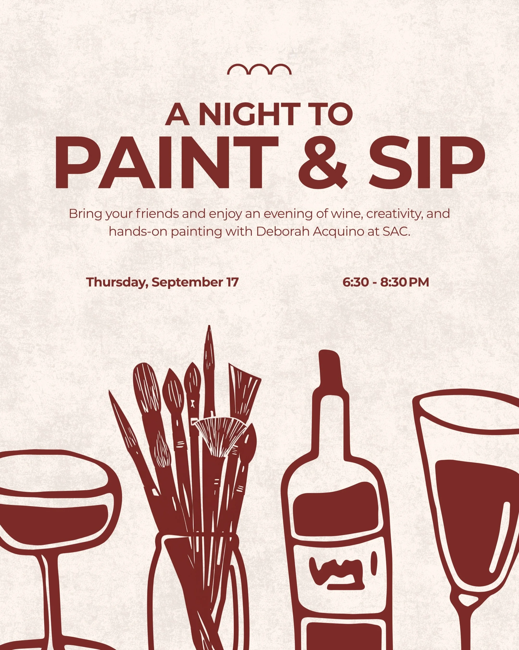 Paint + Sip with Deborah Acquino is back this week! Grab your friends, pick your favorite colors, and spend the evening painting, sipping, and getting creative. 🍷

Designed for beginners and experienced artists alike, this hands-on workshop is all a