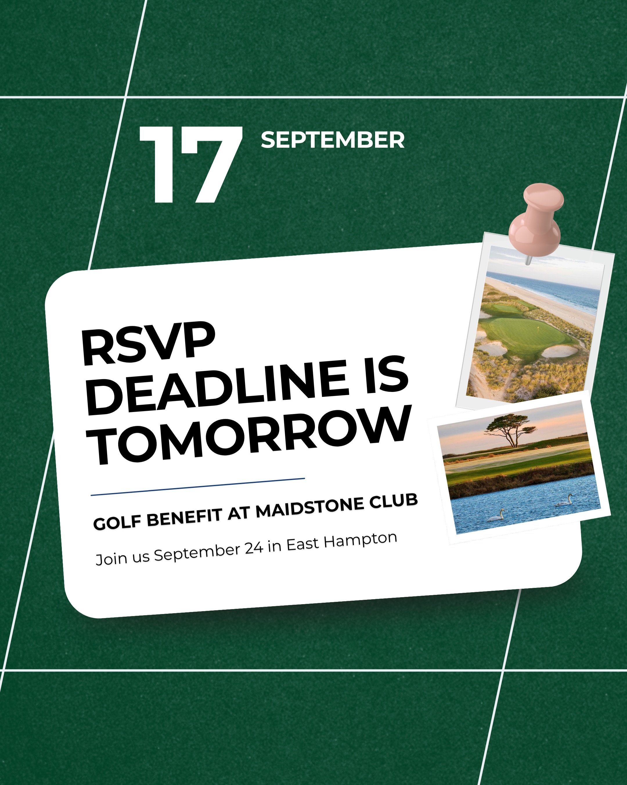 ⛳️ Last call! ⛳️

The RSVP deadline for our annual Golf Benefit is tomorrow. Don&rsquo;t miss your chance to spend the day at the iconic Maidstone Club while supporting the arts and Southampton Arts Center&rsquo;s year-round programming.

RSVP by Sep