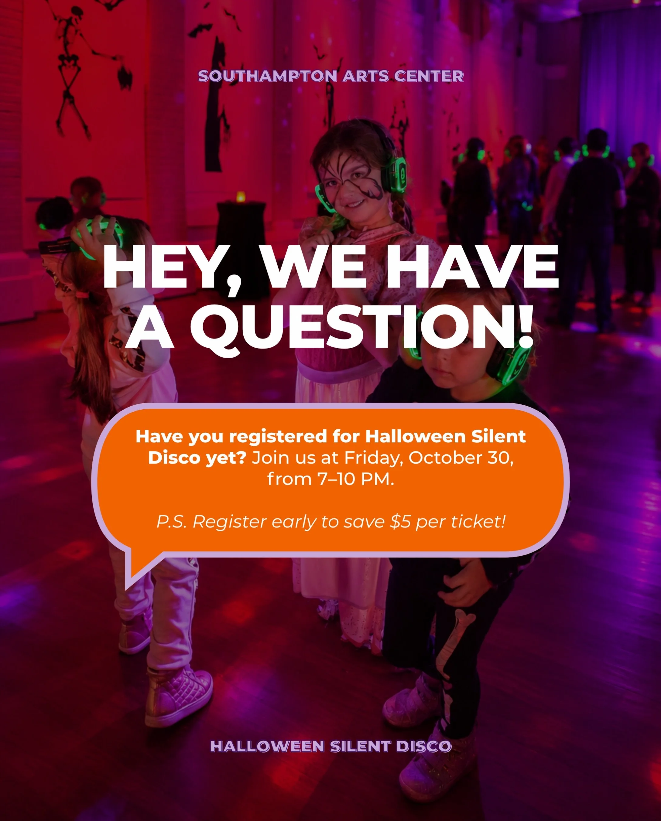 Have you gotten your tickets for Halloween Silent Disco yet? 👀

Spend Friday, October 30, dancing to your favorite music across three channels, showing off your Halloween costume, and competing for best costume prizes! 🎃👻

A family-friendly commun
