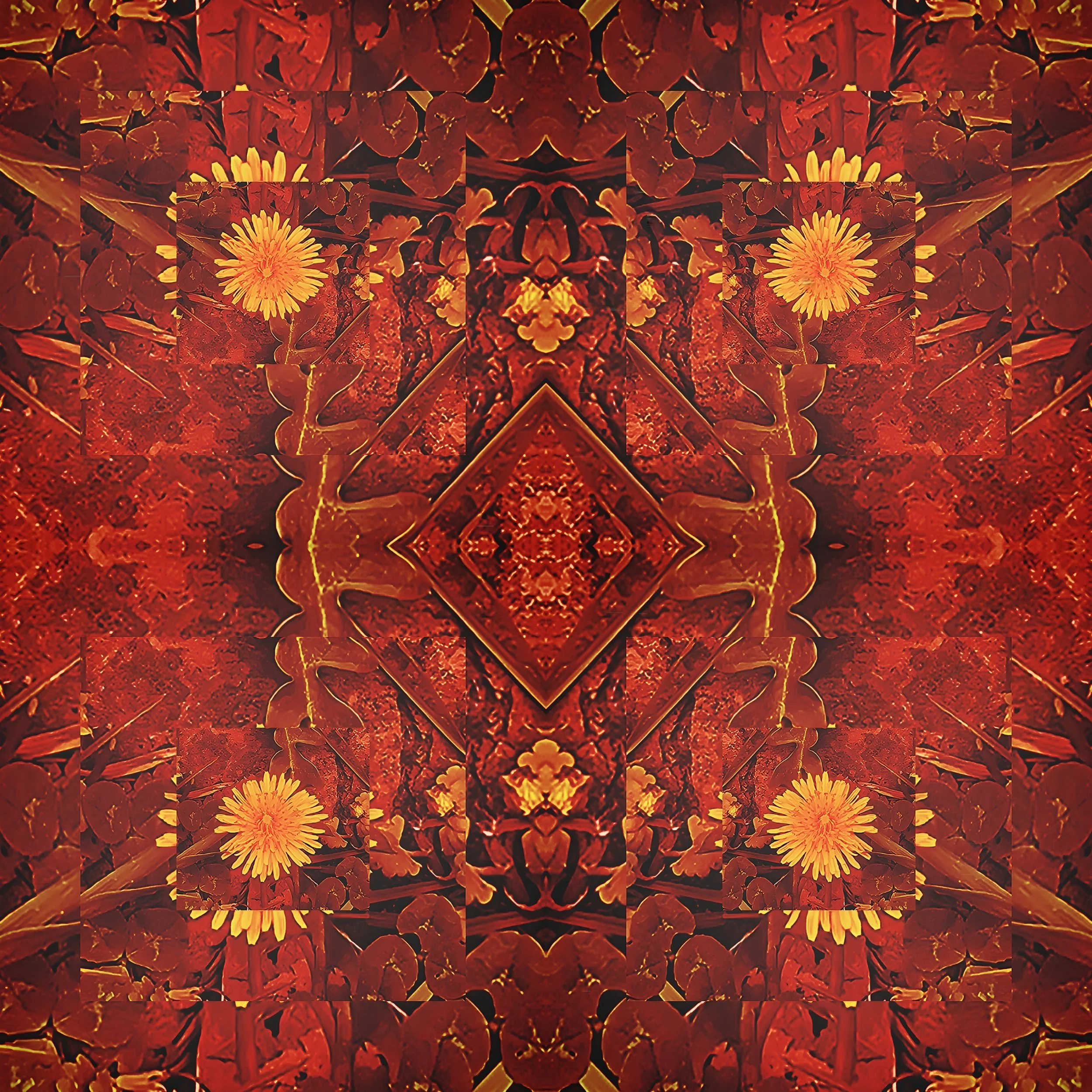Red four-way kaleidoscope of four yellow dandelions around a central diamond — "No. 005 — Les Quatre Pissenlits" by Michael Siani