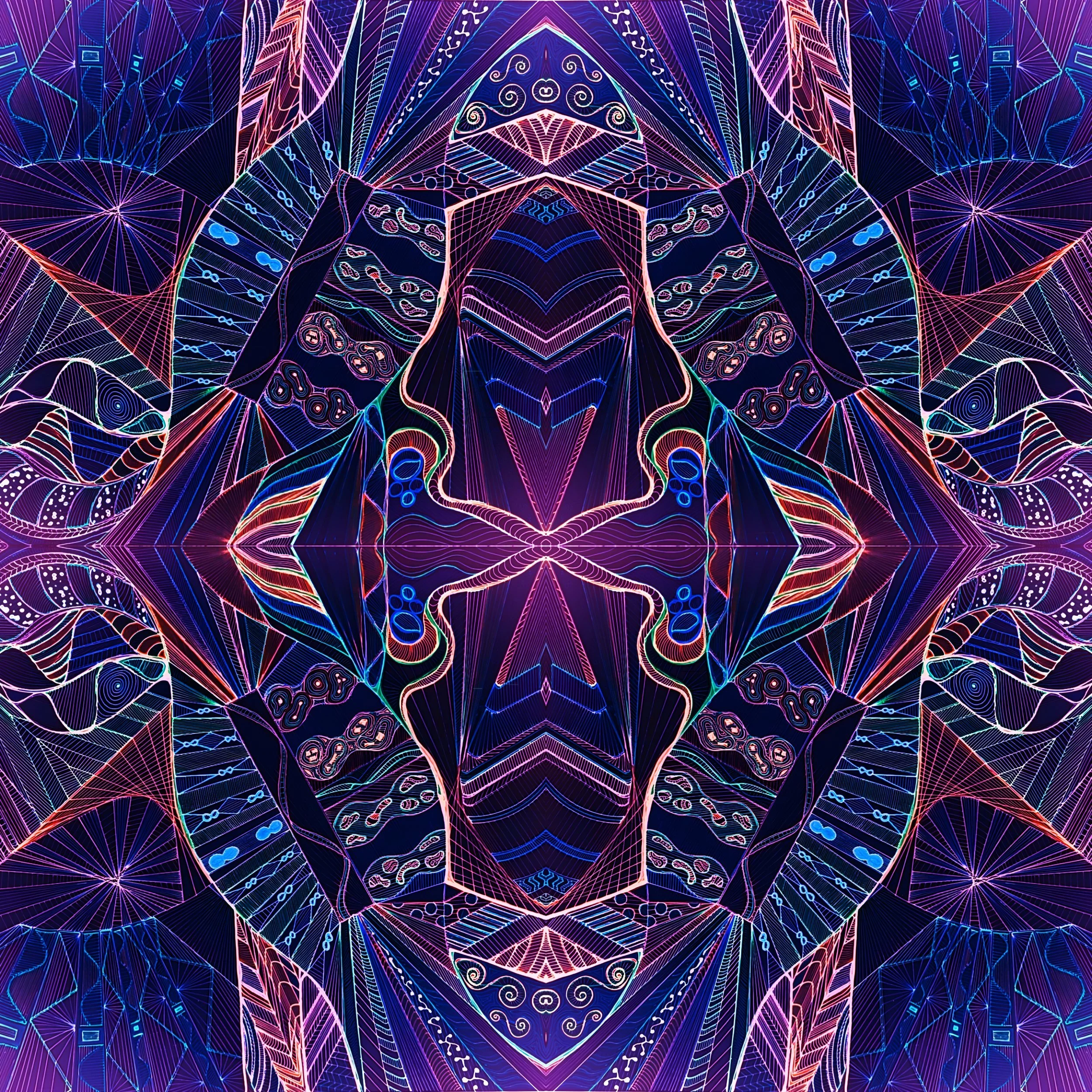 Four-way mirrored purple neon line drawing of fans, swirls and cells — "No. 011 — Violaceum Speculum" by Michael Siani
