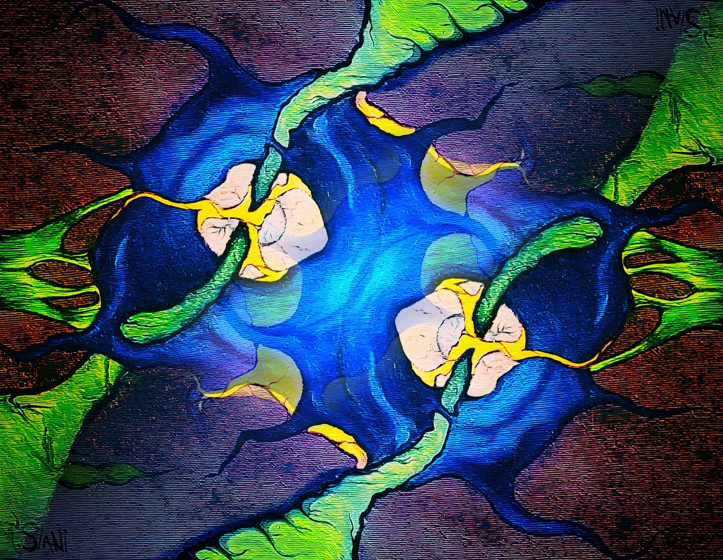 Mirrored painting of pale face-like shapes in blue with green tendrils on brown — "No. 010 — Le Chœur Noyé" by Michael Siani