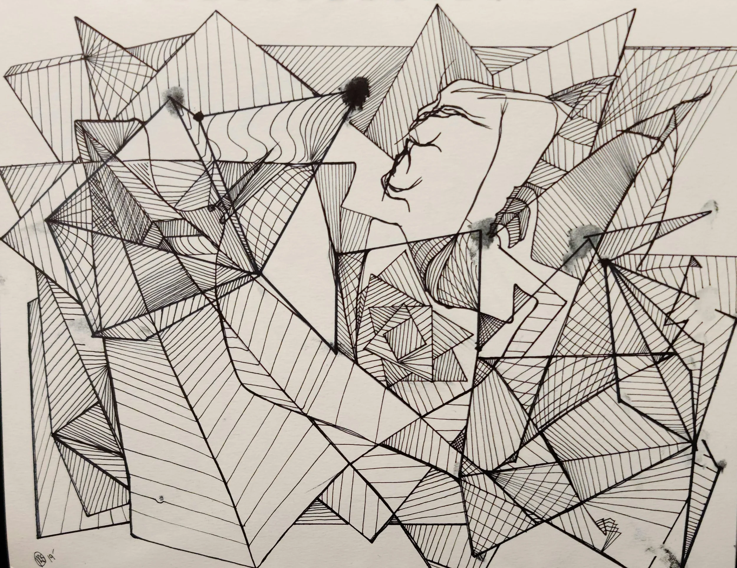 Dense black-ink pen drawing of interlocking planes and hidden faces — "The Abomination", pen on paper by Michael Siani