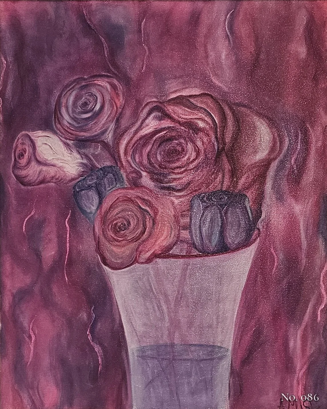 Oil painting of red, pink and violet roses in a clear glass vase against a swirling magenta and purple background, signed lower right.
