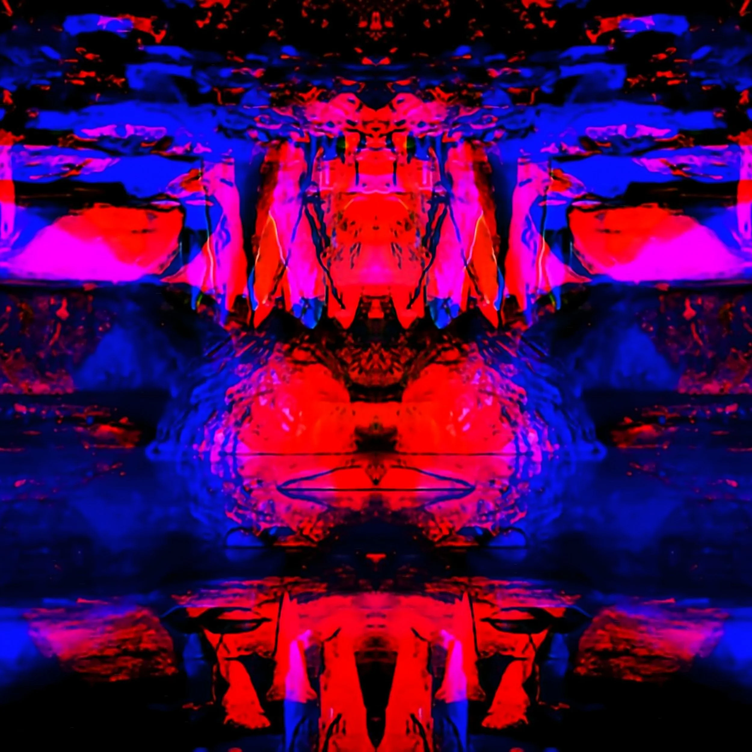Mirrored scarlet and blue mask-like face with fang-like drips on black — "No. 078 — Le Masque Écarlate" by Michael Siani (ARTIFEXENIM)