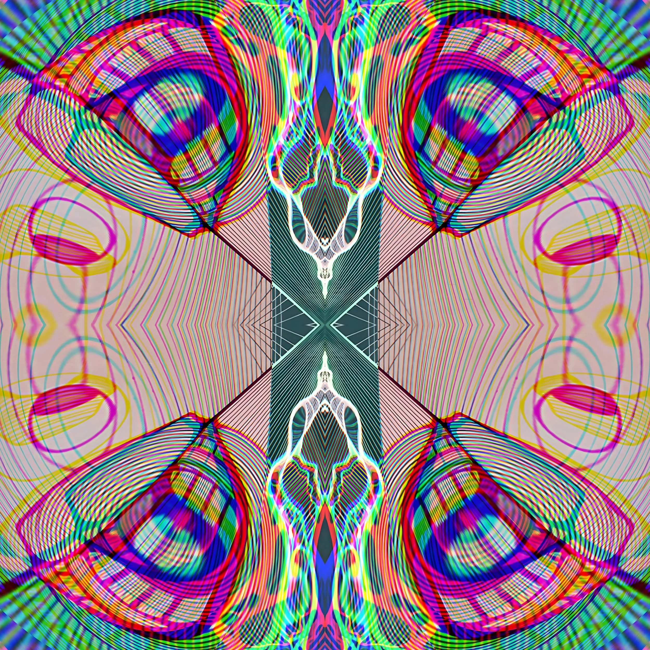 Four eye-like lobes of ruled magenta, blue and green lines around a central X — "No. 070 — Los Ojos del Telar" by Michael Siani (ARTIFEXENIM)