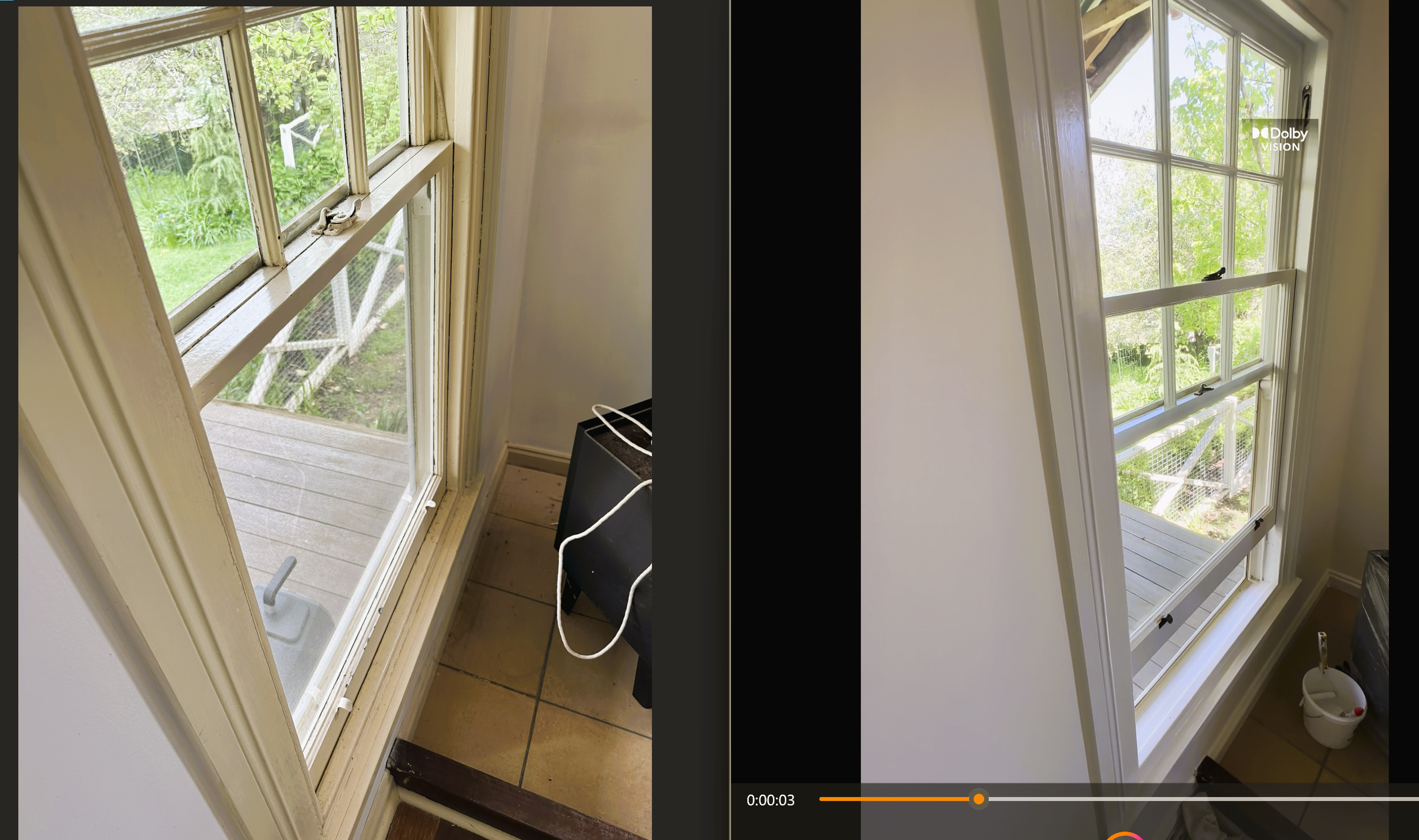 Interior view of a timber sash window before and after restoration, showing the bottom sash sliding smoothly.
