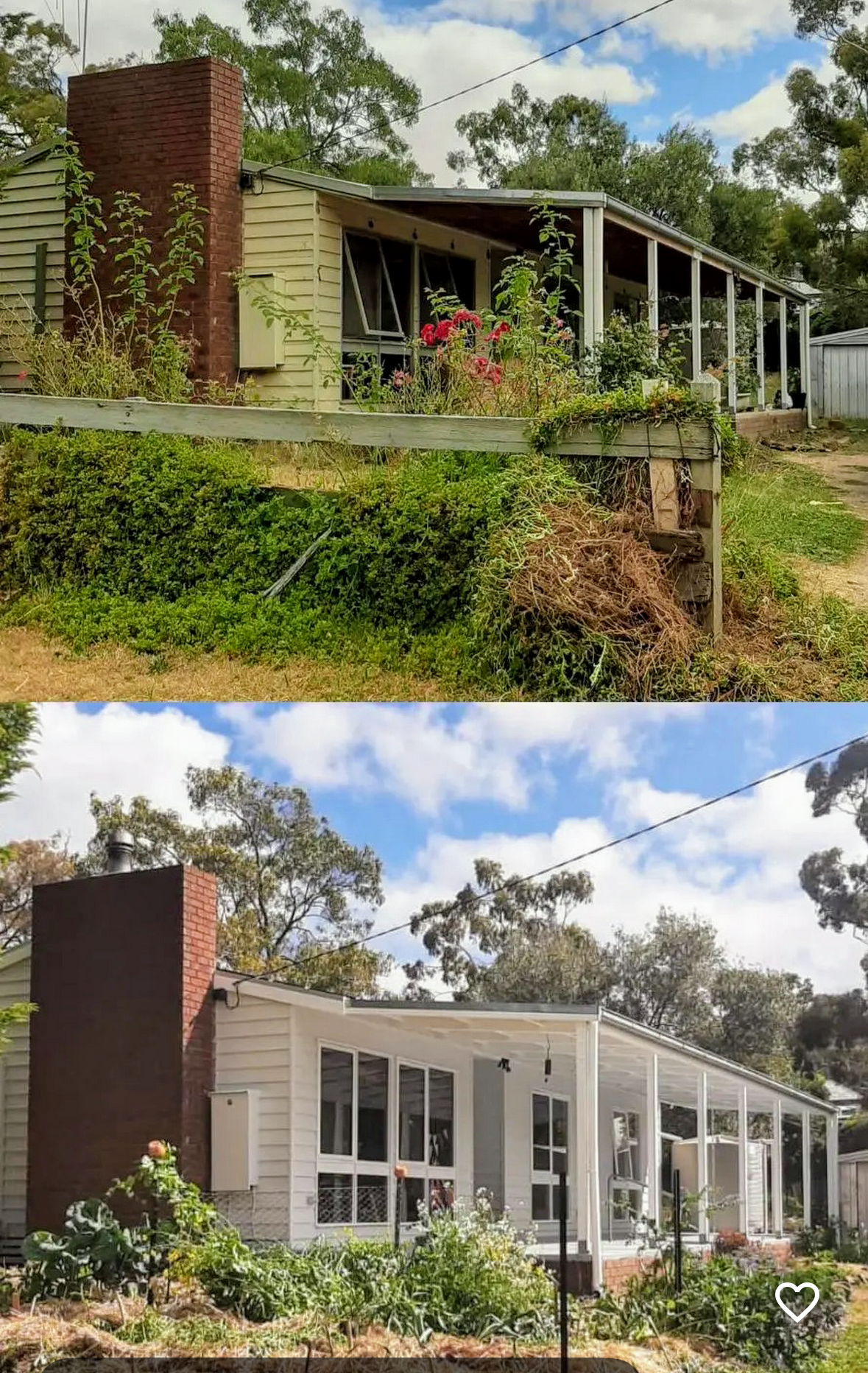 Before and after of a weatherboard house repaint with repaired and repainted timber awning windows