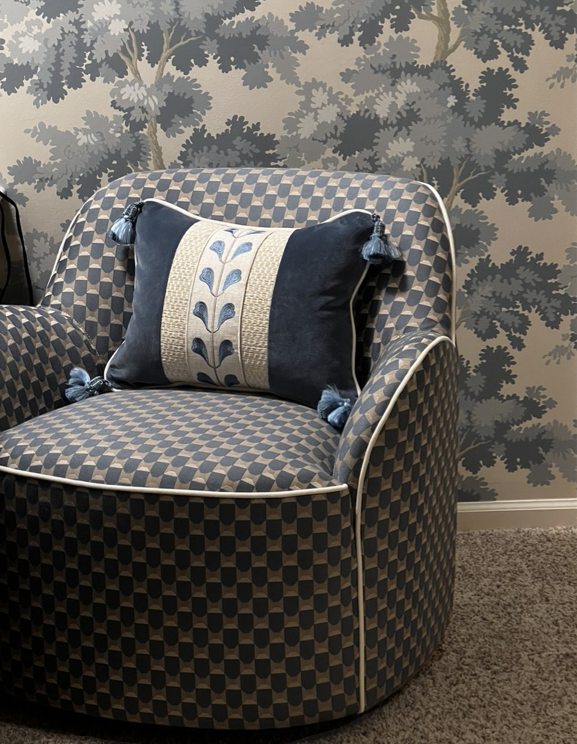 custom upholstered swivel chair and pillow at vanity area in Liberty London fabric