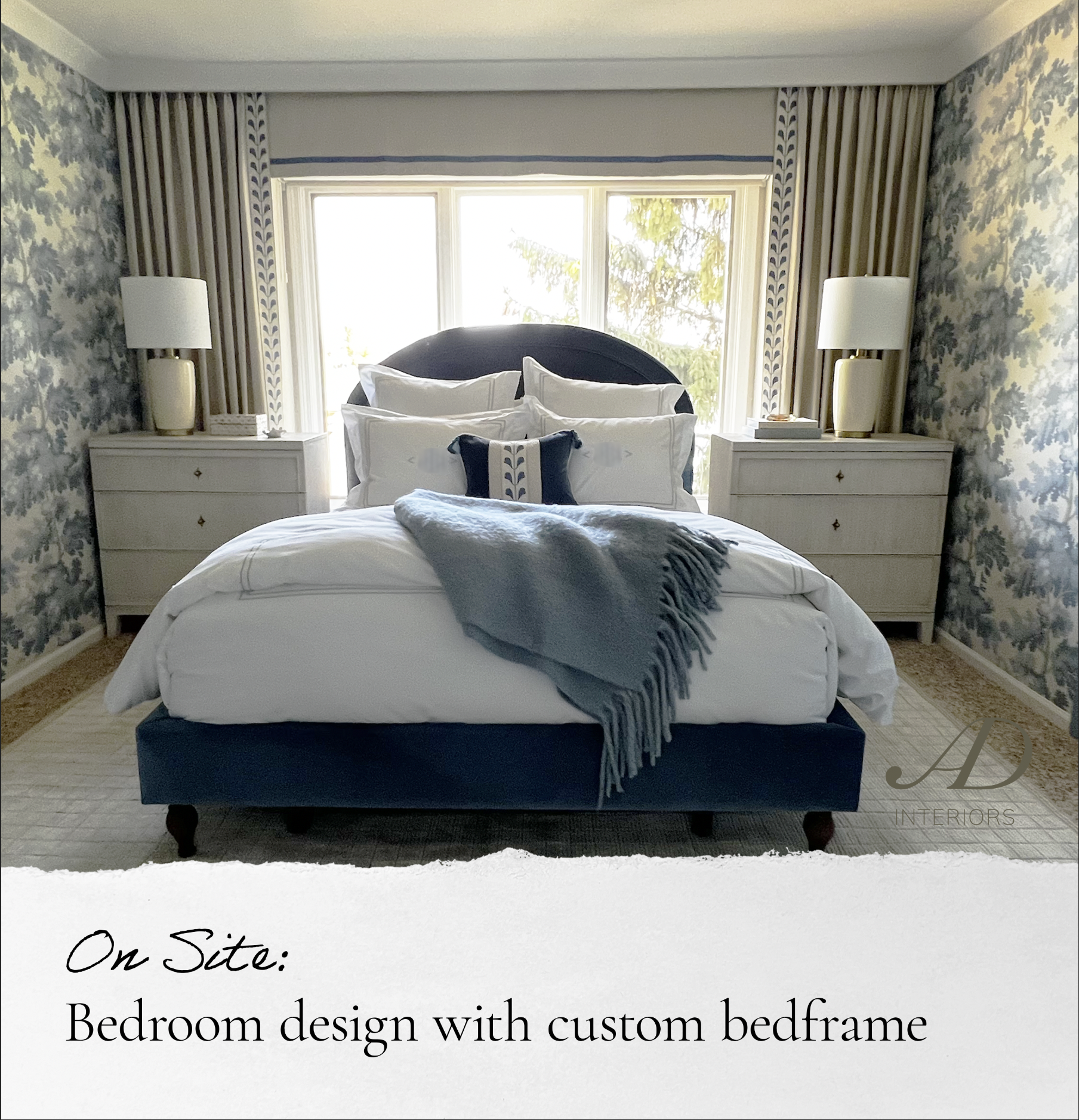 blue bedroom design with custom upholstered bed frame 