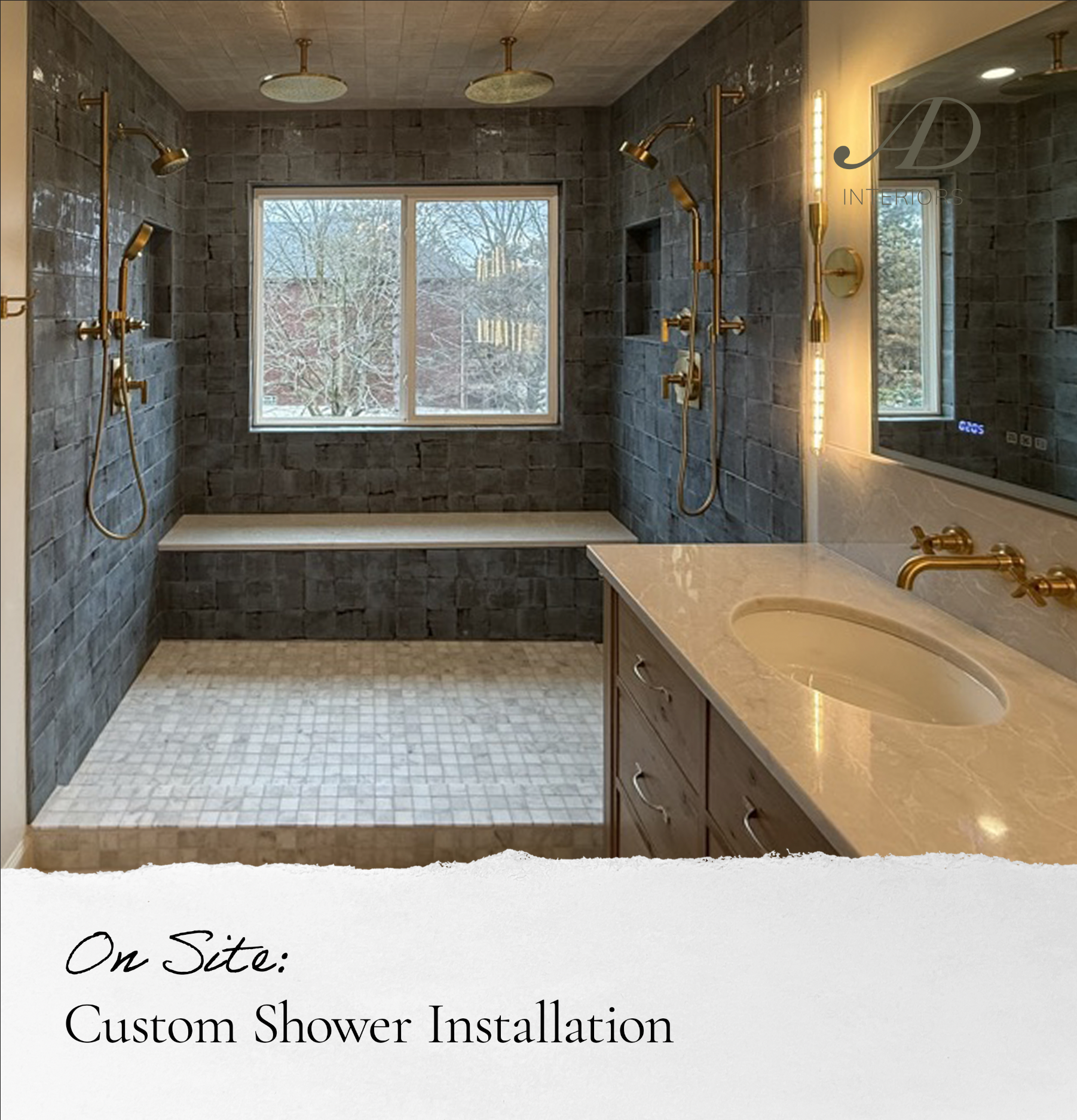 High end modern blue bathroom with two sets of brass shower plumbing and specialty tile