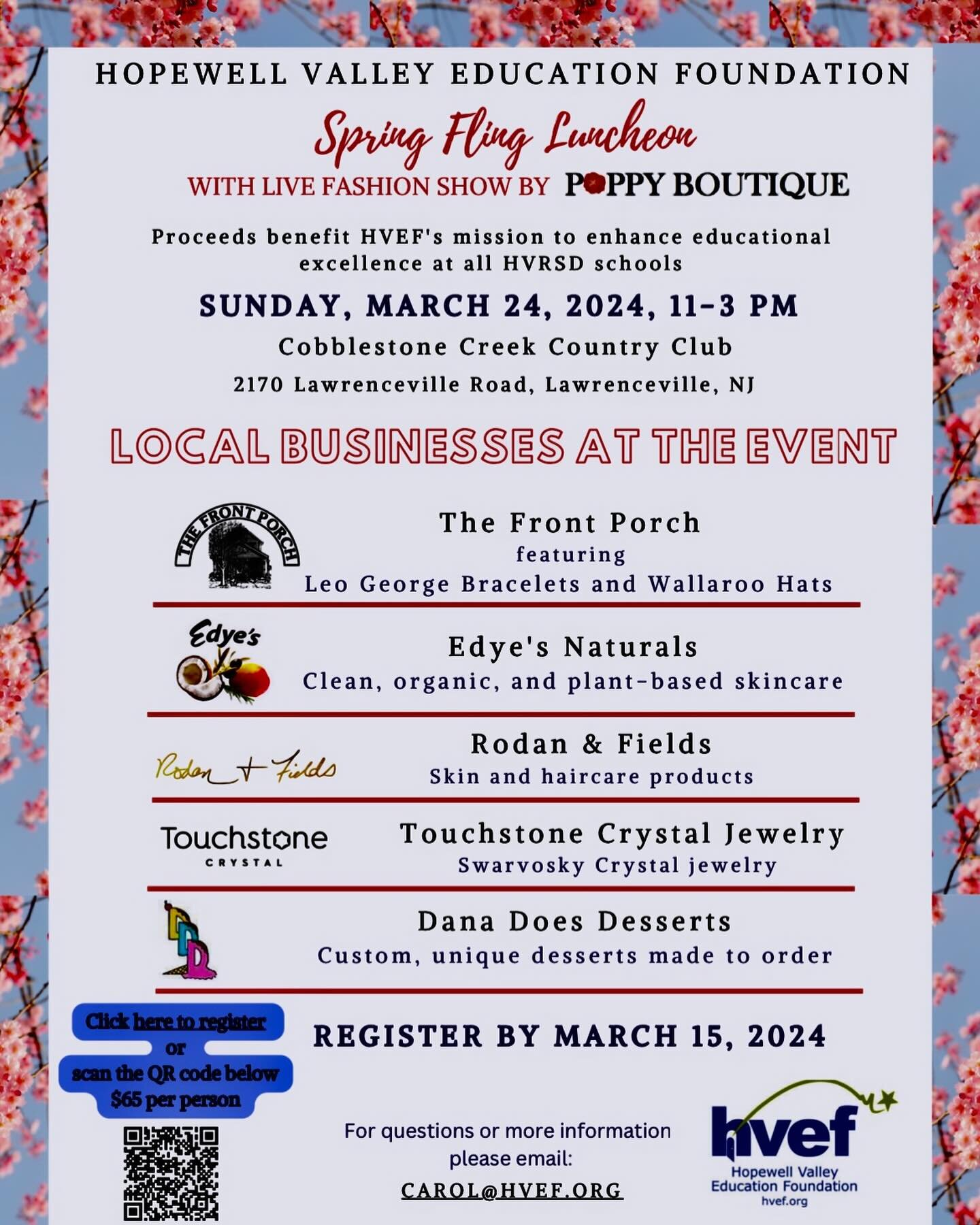 Please join us for a Spring Fling Fashion Show in support of the Hopewell Valley Education Foundation! All the new Spring styles presented in a high energy setting with beautiful local models- plus a delicious luncheon and a Pop Up Boutique with lots