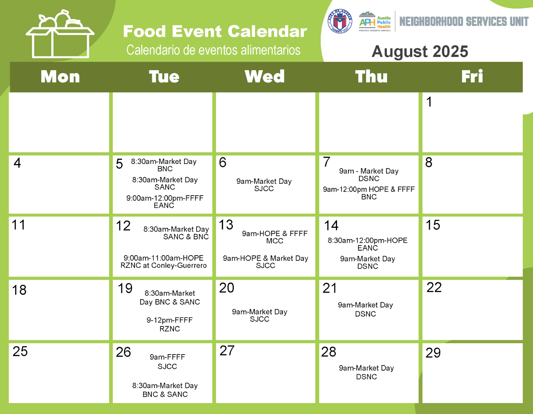 Food Event August Calendar by Austin Public Health