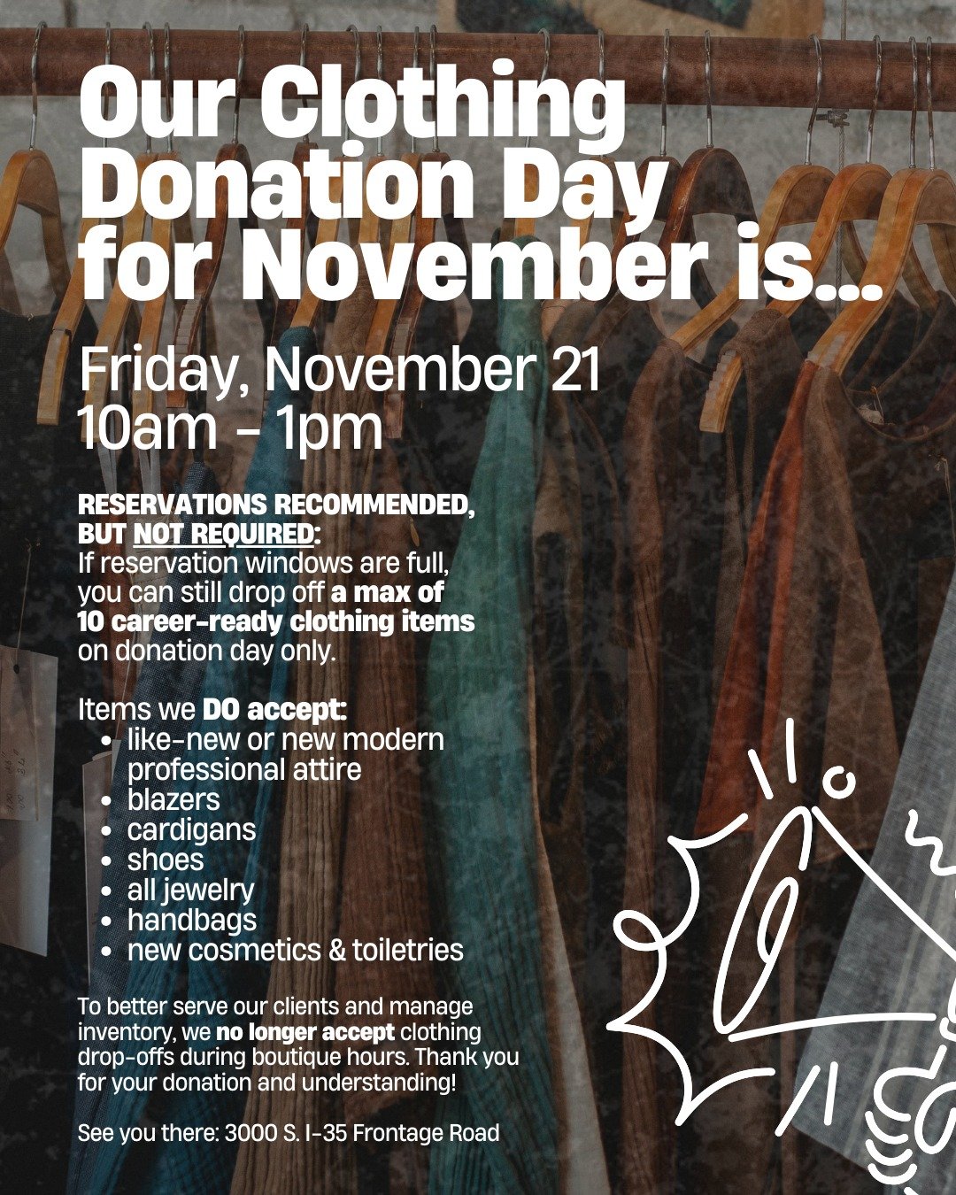 🚨 Mark your calendars! Our last clothing donation day of the year is Friday 11/21 from 10am-1pm. Reservations are recommended, but not required — see you there ☀️
Urgent call for:
✨ Handbags
✨ New bras - all sizes
✨ New undergarments - all si