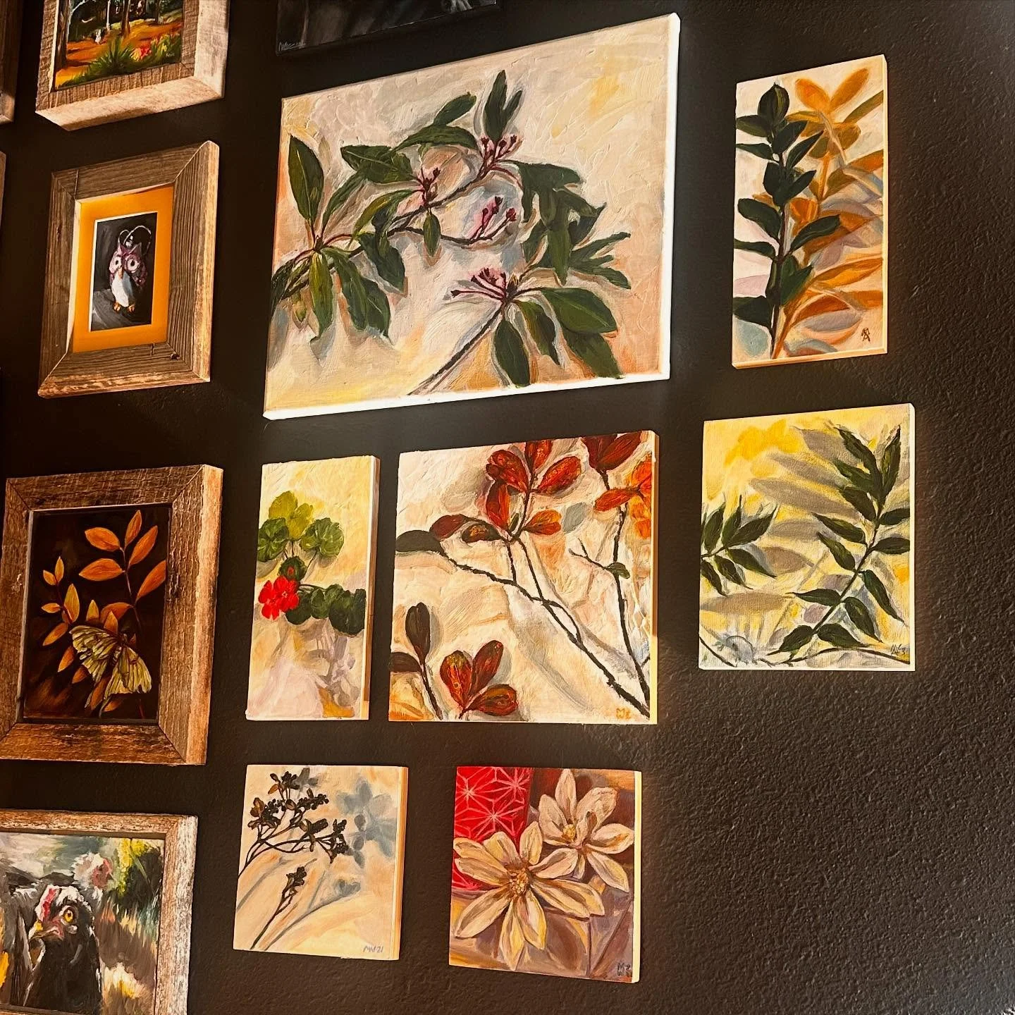 Random sampling of some of my paintings on home wall from various #stradaeaselchallenges. 

Owl and chicken on left are @kaias_art_world paintings.