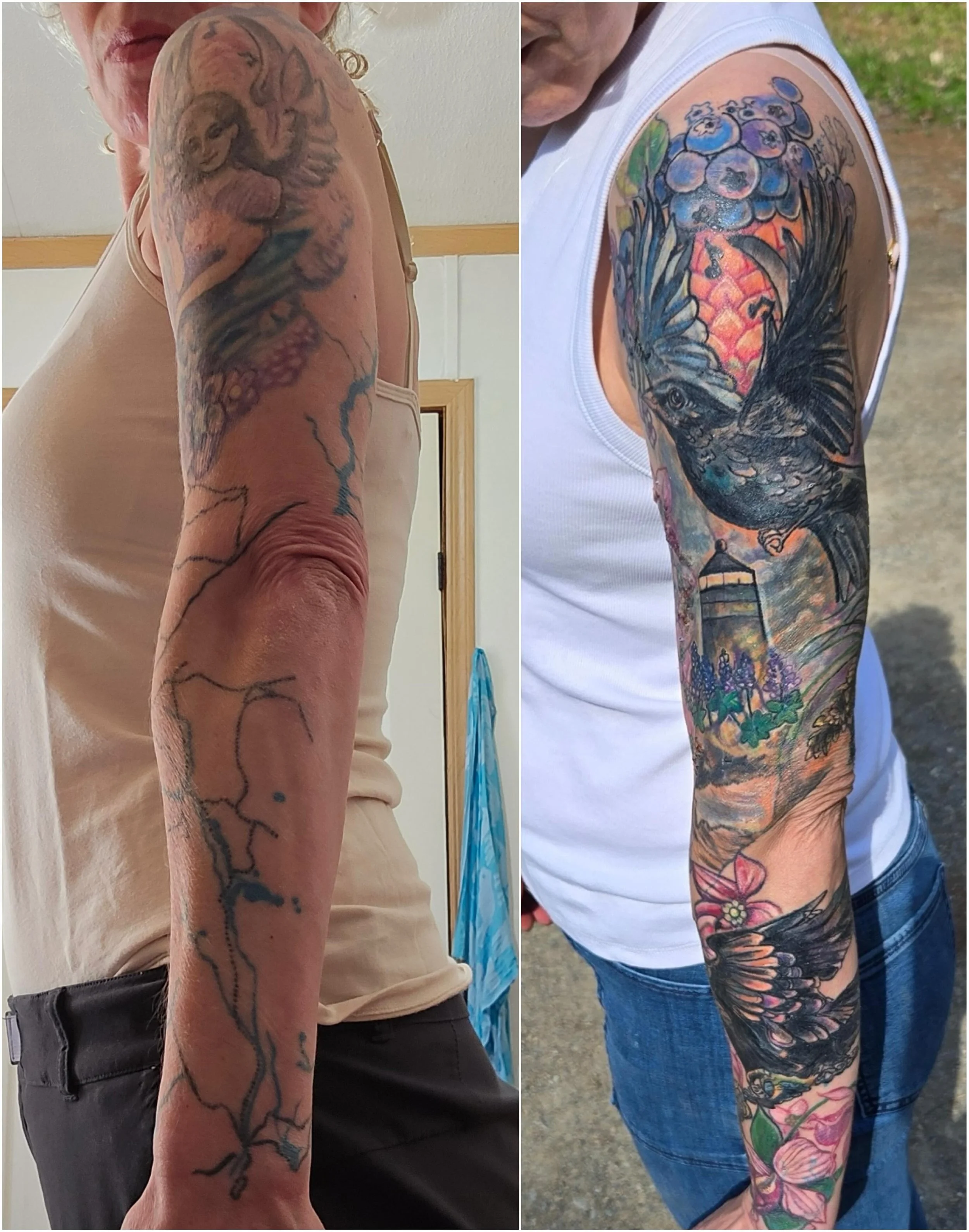 Coverup in progress.. the shoulder cap was of a tattoo I did about 25 years ago! The rest of the arm was black lines and dark blue map patterns that another artist had done. The cover up is more extensive and wraps around entire arm&mdash; Can&rsquo;