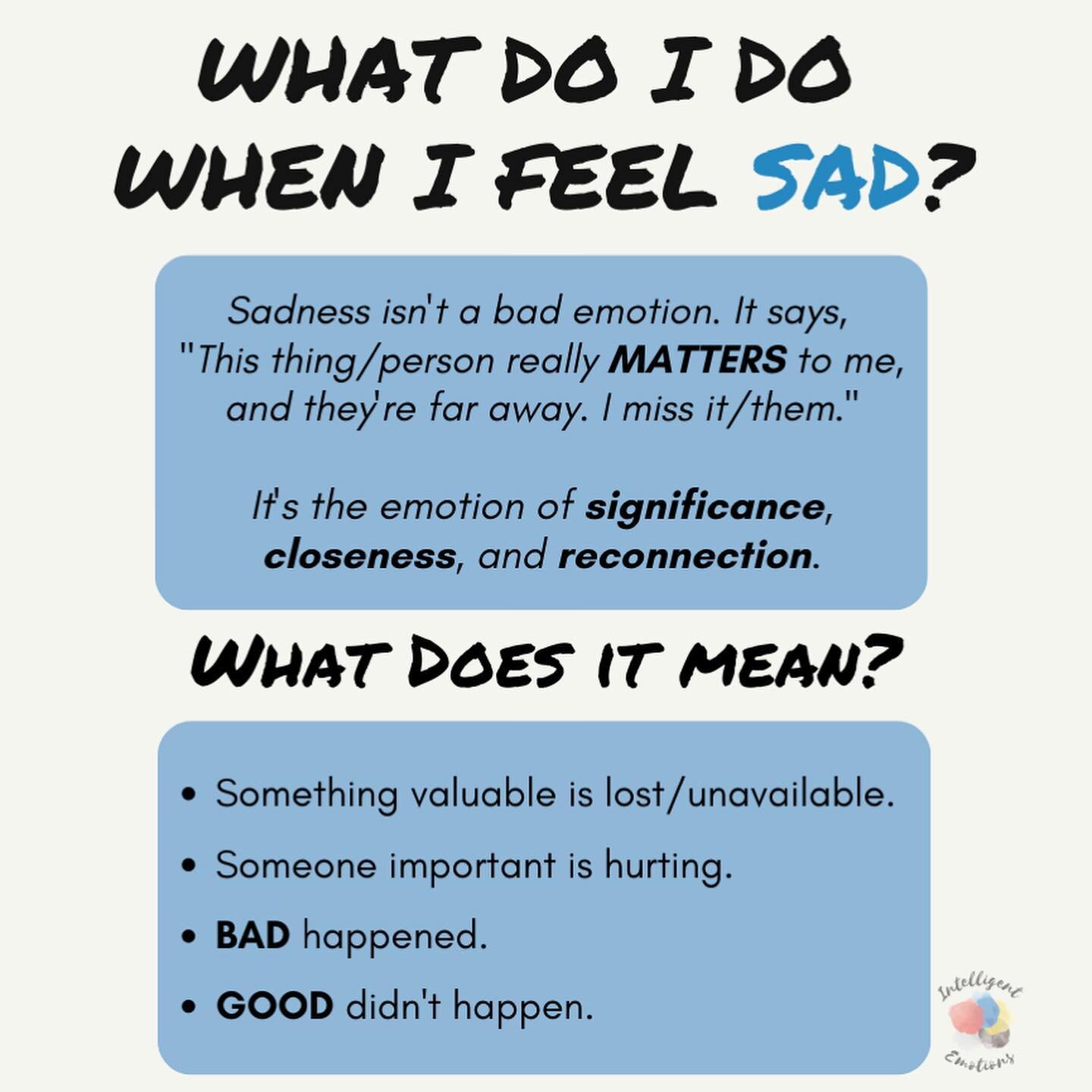 Sadness is about closing the gap between you and what/who matters to you. 🔵

What&rsquo;s one thing that really matters to you that you want to do again?

What&rsquo;s one person who really matters to you who you miss?

Close the gap. If it&rsquo;s 