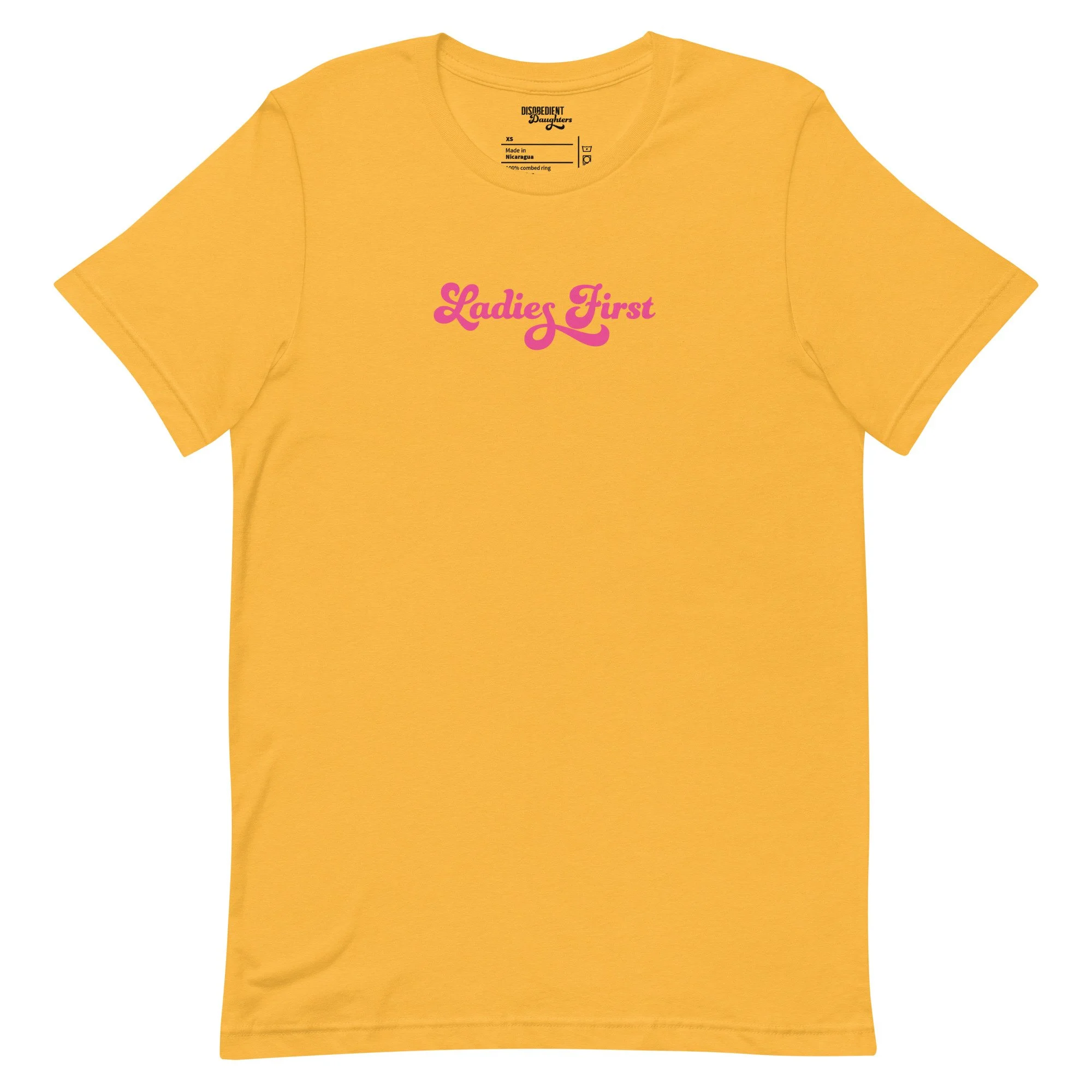 Ladies First T-shirt by Disobedient Daughters in Yellow Gold — Self-care shirts that make a statement