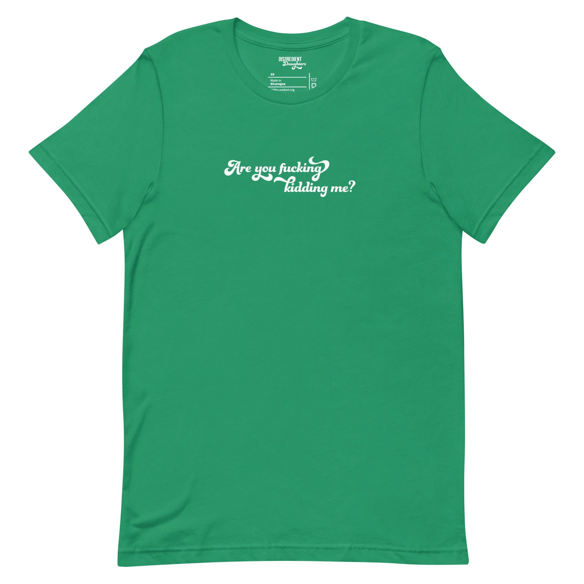 Are You Fucking Kidding Me T-shirt by Disobedient Daughters in Kelly Green — Self-care shirts that make a statement