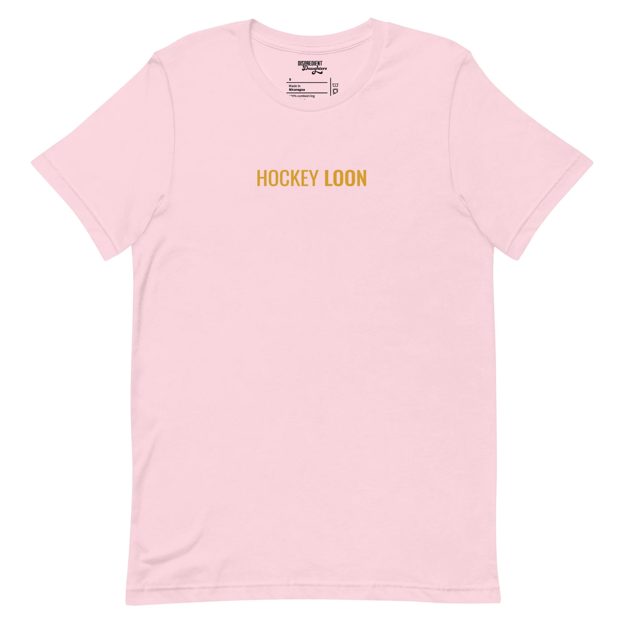 Hockey Loon Heated Rivalry T-shirt by Disobedient Daughters in Light Pink — Self-care shirts that make a statement