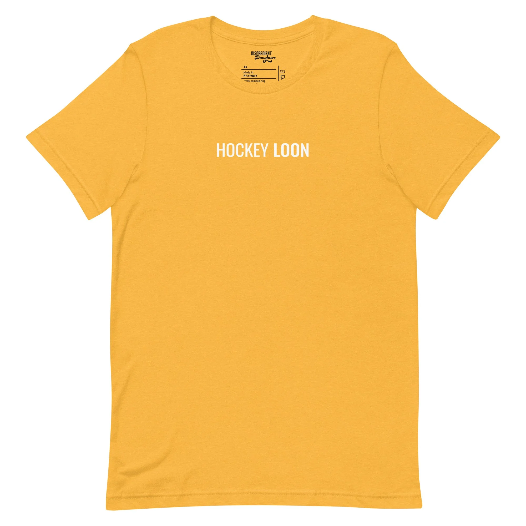 Hockey Loon Heated Rivalry T-shirt by Disobedient Daughters in Yellow Gold — Self-care shirts that make a statement