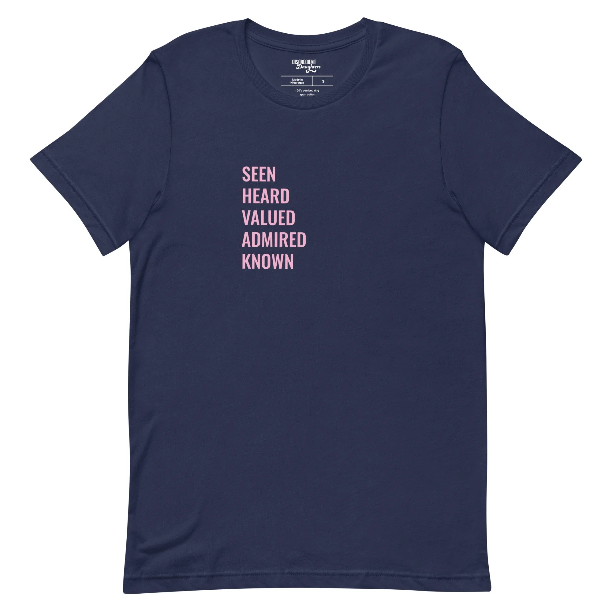 Seen and Heard T-shirt by Disobedient Daughters in Navy — Self-care shirts that make a statement