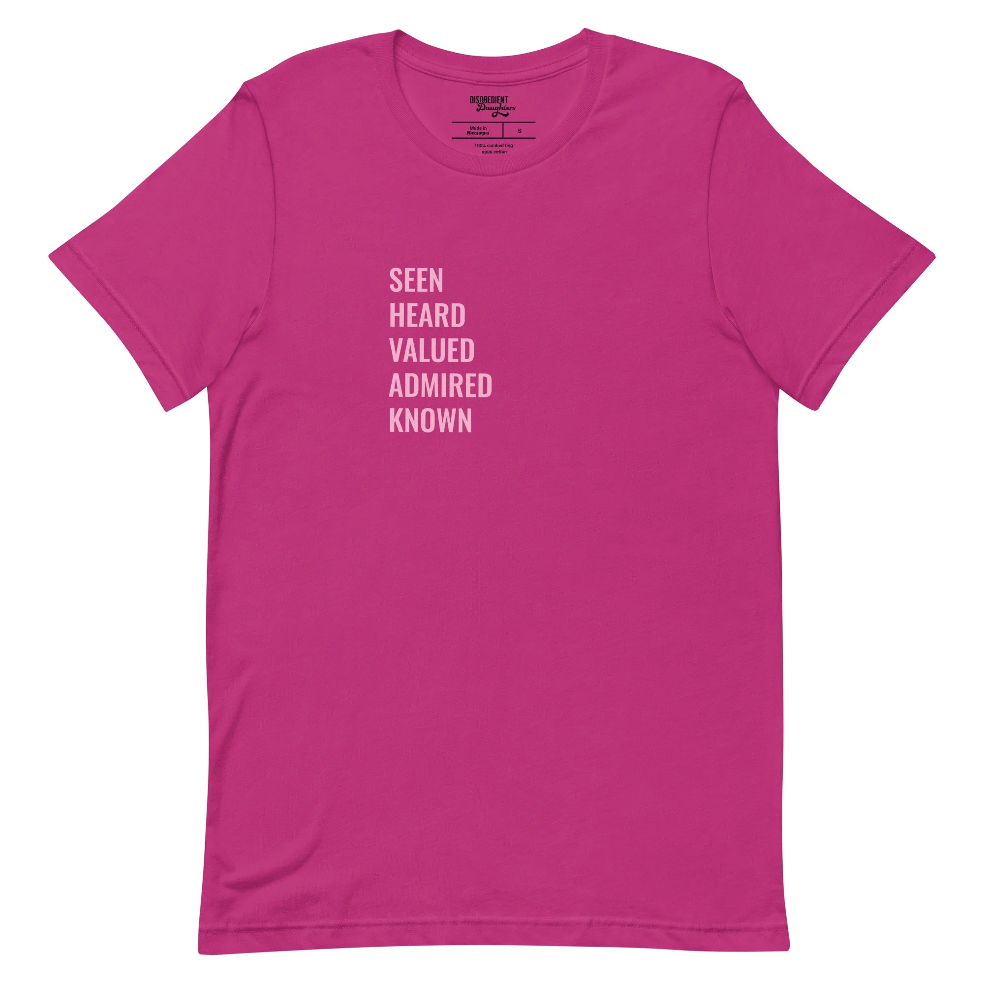 Seen and Heard T-shirt by Disobedient Daughters in Bright Pink — Self-care shirts that make a statement