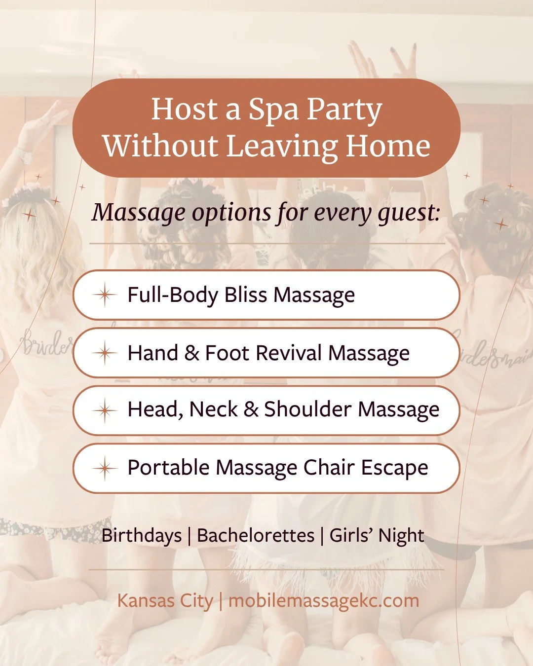 Your Party, Your Way. Massage Included. 🎉

Planning a birthday, bachelorette, girls' night, or just need a good excuse to relax together? Our Massage Spa Parties bring the celebration to you &mdash; with customized services for every guest.

Choose 