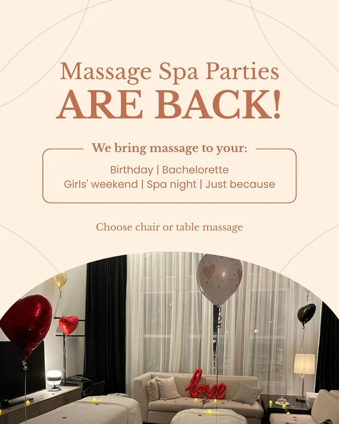 Massage, but make it a party 🥂

Yes, this is a thing
Yes, it&rsquo;s as good as it sounds
Yes, we&rsquo;ll come to you 💆&zwj;♀️🎉

Mobile Massage Spa Parties are officially back &mdash; perfect for birthdays, bachelorettes, girls&rsquo; weekends, o