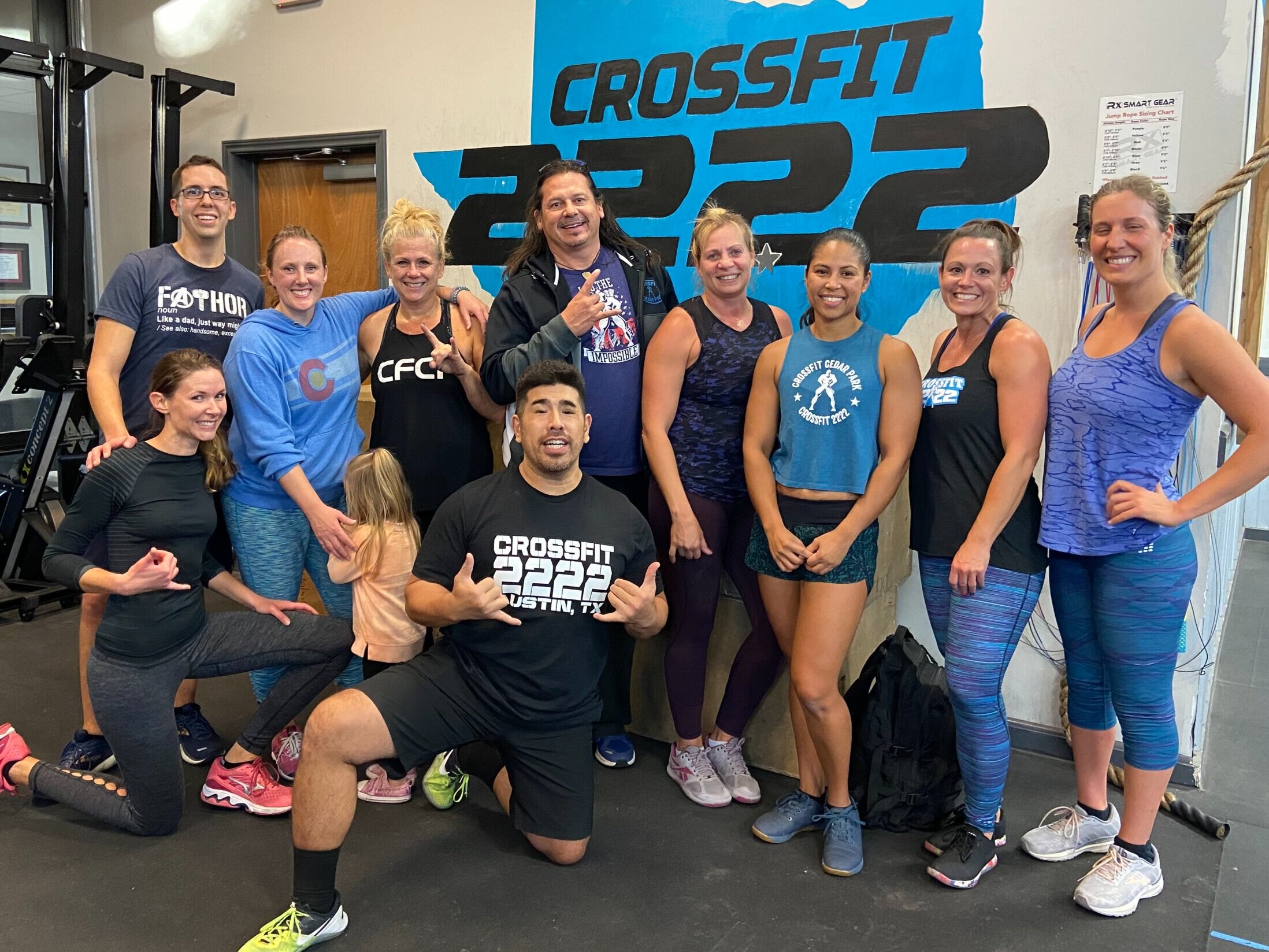 We ran CrossFit East O’ahu for 8 years, now we’re running CrossFit 2222 in the Four Points area in Austin, TX. Featured in the middle are owners, David and Robin Tillman.