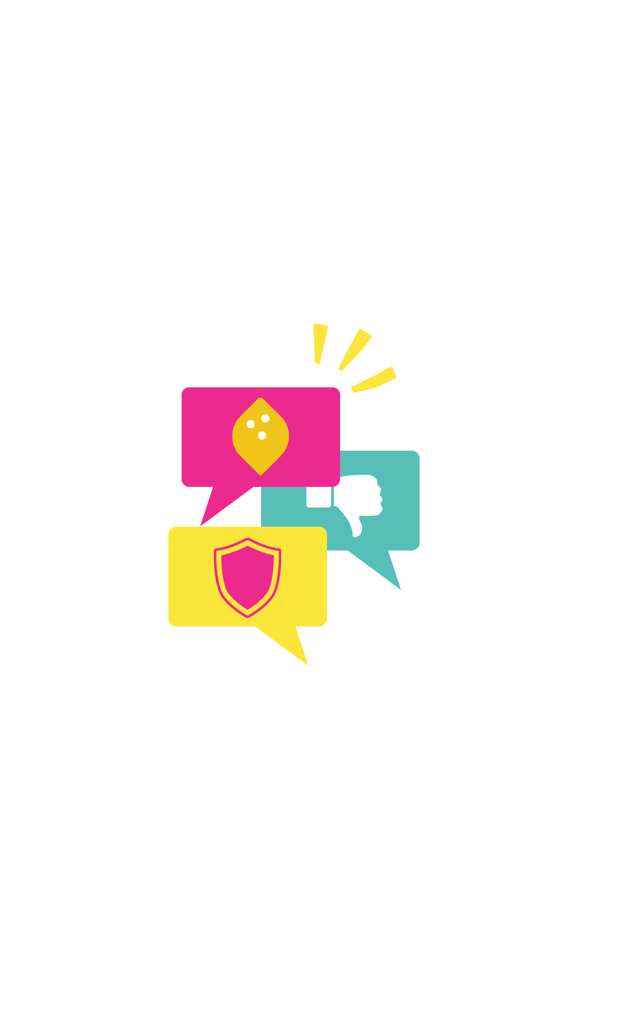 Illustration of a smartphone with icons of a lemon, a thumbs-down symbol, and a shield, representing online communication and digital security.
