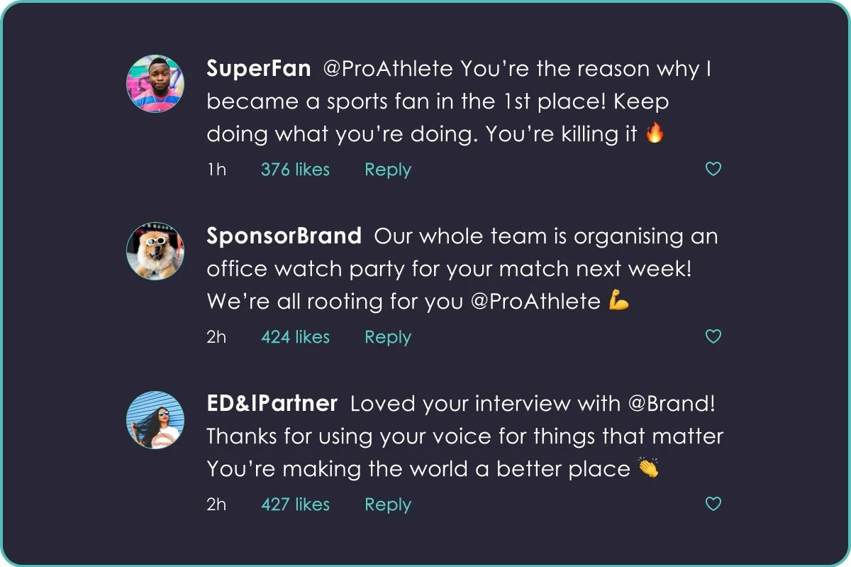Screenshot of social media comments from three users, praising and encouraging someone named @ProAthlete, with profile pictures including a person with a pink striped shirt, a dog wearing glasses, and a woman in sunglasses.