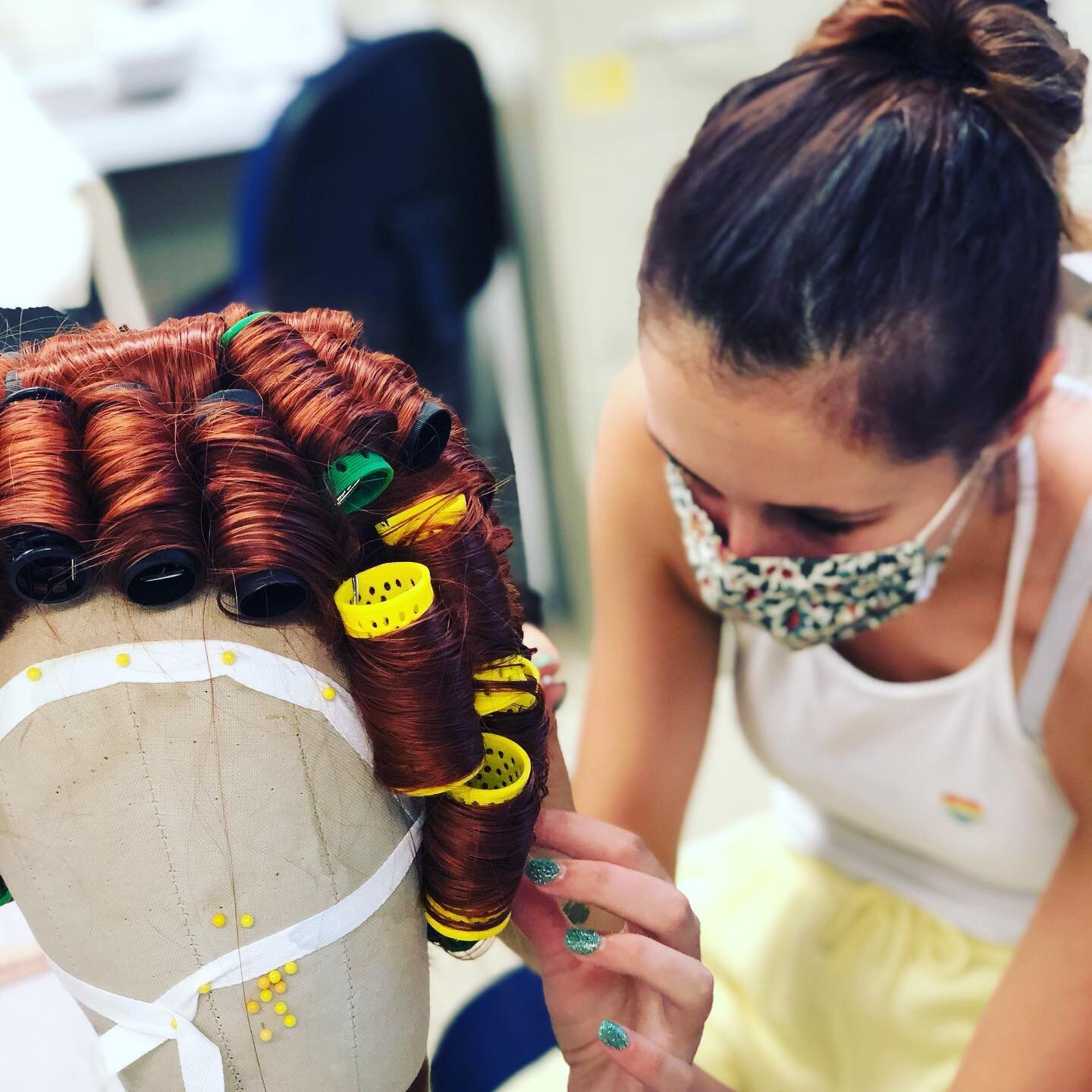 Carsyn is styling a wig for CLUE. You&rsquo;ll be able to see Miss Scarlett fully realized in just under two weeks! #SummerAtCRT #theater #theatre #Clue #wig #costume