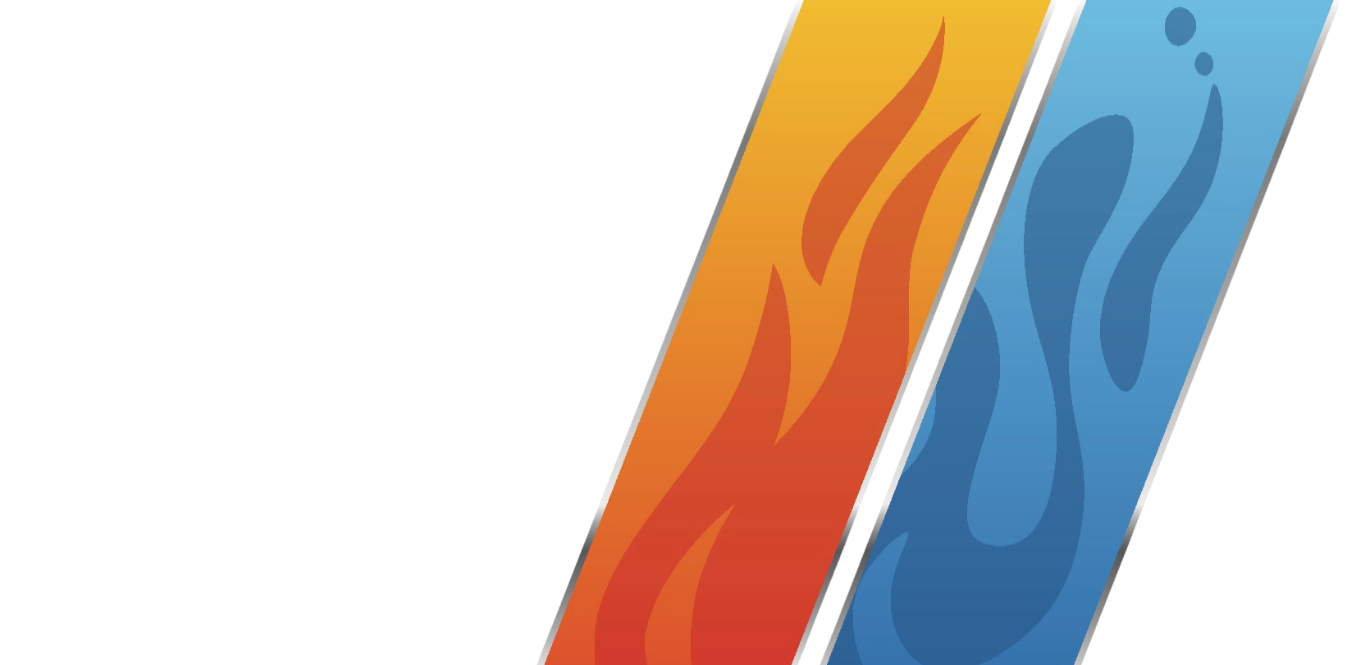 A logo with three diagonal stripes: orange with a flame design, yellow with a single blue flame, and blue with a water droplet.