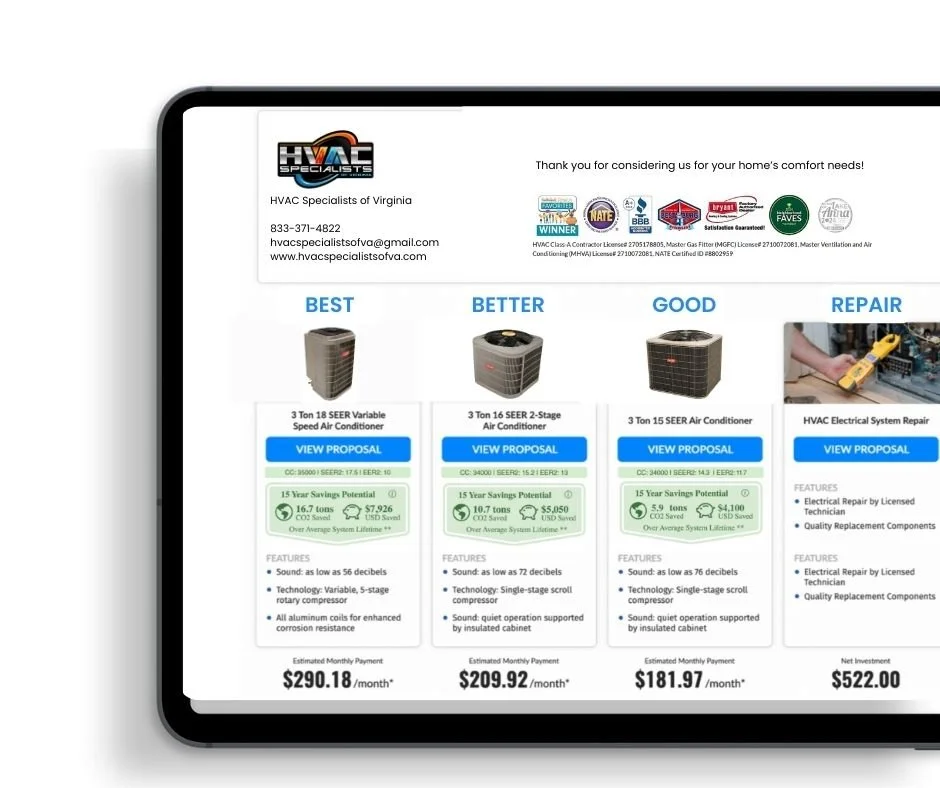 Screenshot of HVAC system proposals comparing different air conditioners and repair service, with details on features, savings potential, and estimated monthly payments.
