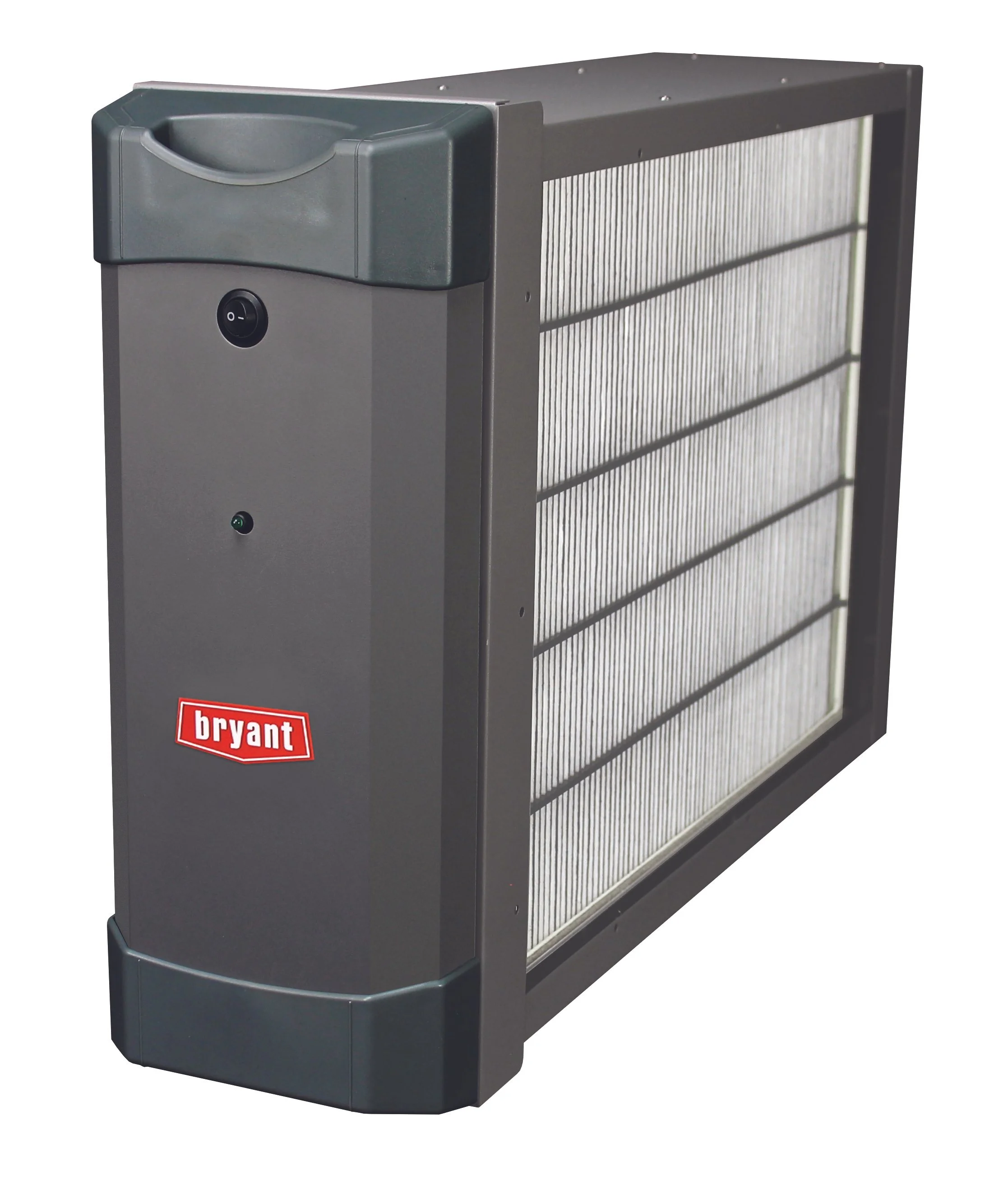 A large Bryant air purifier with a gray body and a vented side panel, featuring a control switch and a small indicator light on the front.