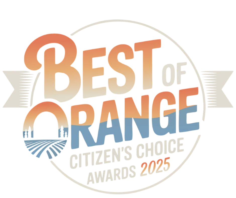Logo of the Best of Orange Citizen's Choice Awards 2025, featuring a circular design with stylized text, a sunset gradient, and an illustration of a rural landscape with a road and trees.