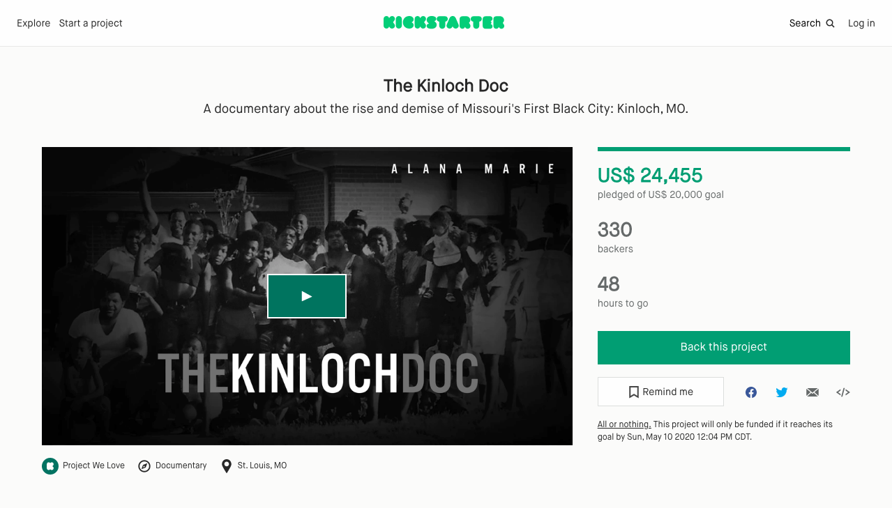 The "Kinloch Doc" Kickstarter campaign raised $25,746 to fund production and distribution for a documentary about the rise and demise of Missouri's First Black City: Kinloch, MO. Editwright planned, developed content, project managed, wrote, copyedit