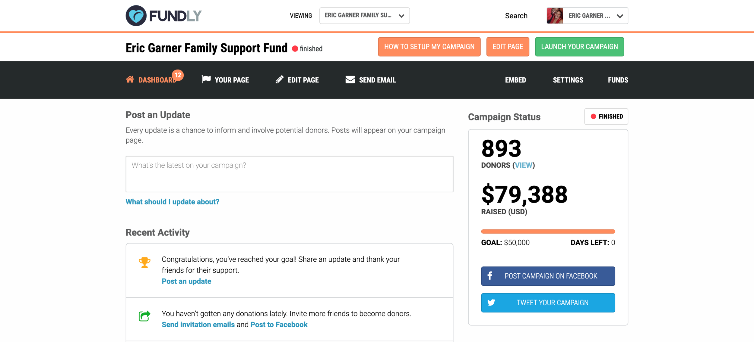 The "Eric Garner Family Support Fund" was a Fundly campaign that raised $79,388 to help pay for the college tuitions of the children of Eric Garner after his execution by police in New York City. Editwright created, planned, developed content, projec