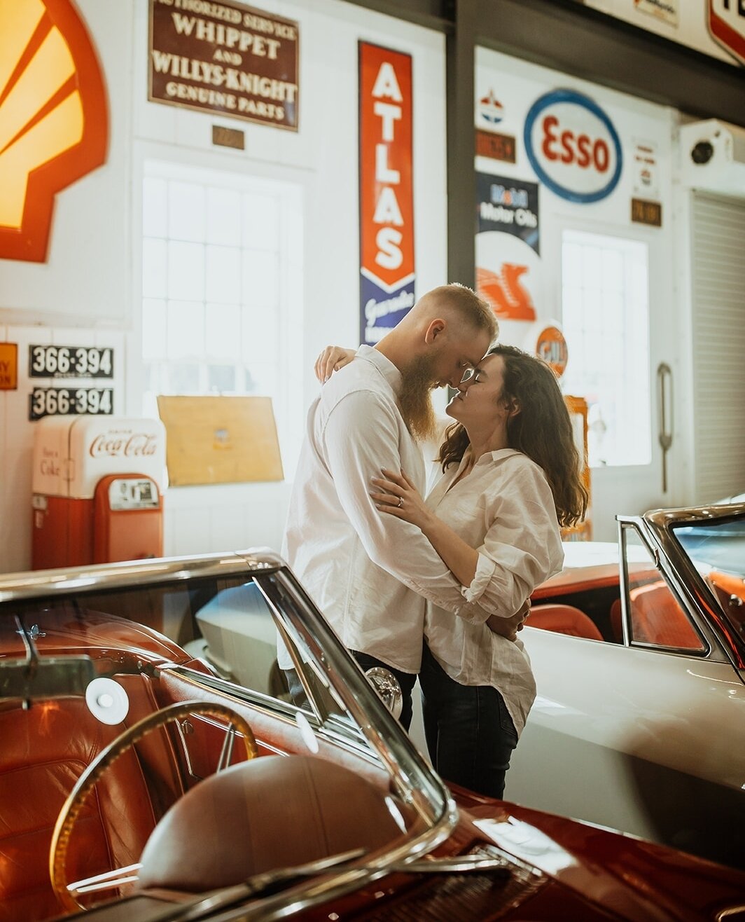 We were so happy to share our love of antique cars with Jarret and Devon who recently had their engagement photos taken in our Car Barn! ⁠
⁠
Photographed by: @kaylashenkphoto⁠
⁠
If you are interested in booking the space, after hours, please message 